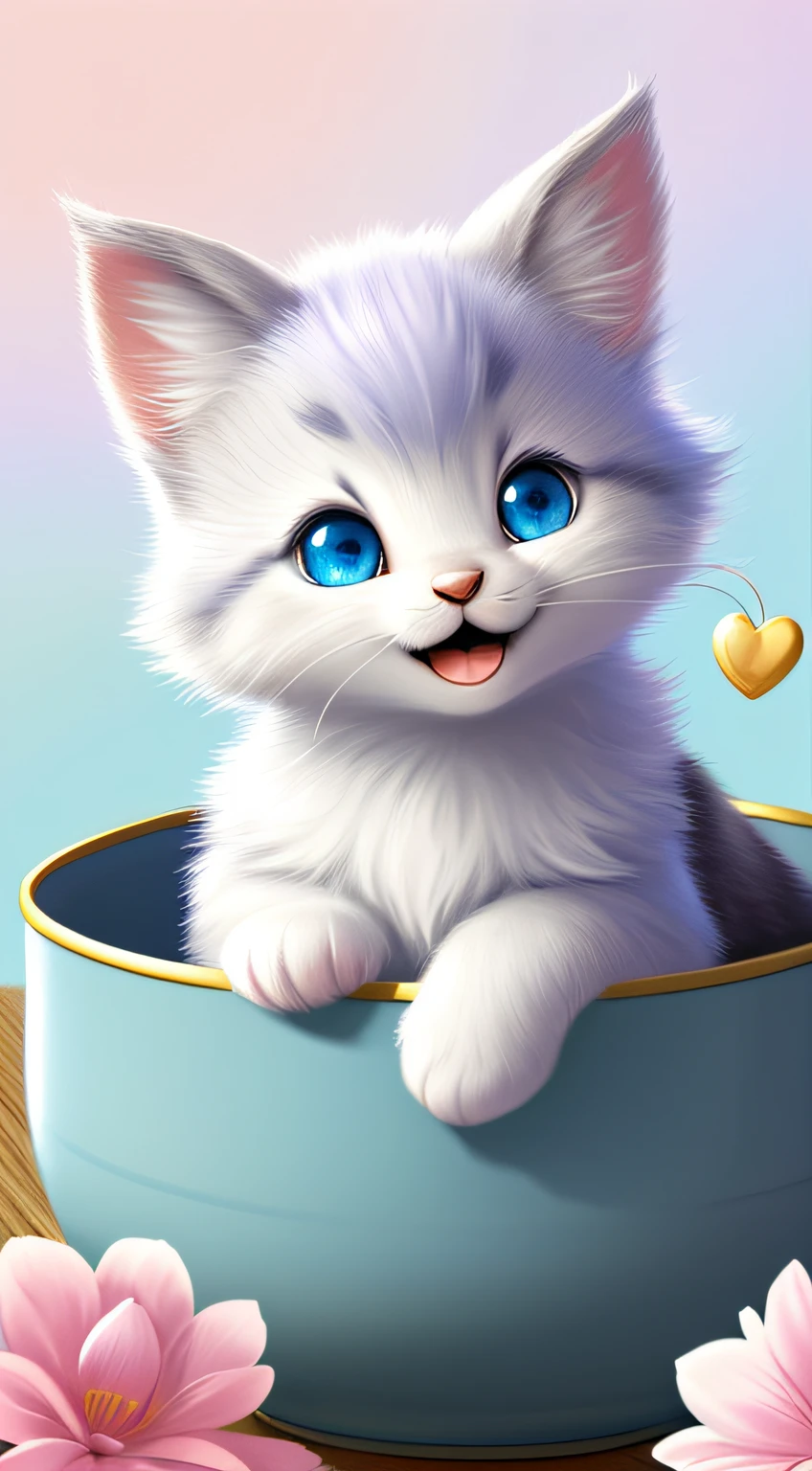 A kitten with a tiny tail, a small nose, small ears, blue eyes, pink background, flowers, vases, dreams, open mouth, smile, Caroline Chariot-Dayez pastels, tumblr, furry art, elokitty, Disney's Bambi cat, Disney's stylized furry, ears floating, fluffy tail, fluffy '', fluffy !!!, high resolution, furry art!!! The moon, small in size
