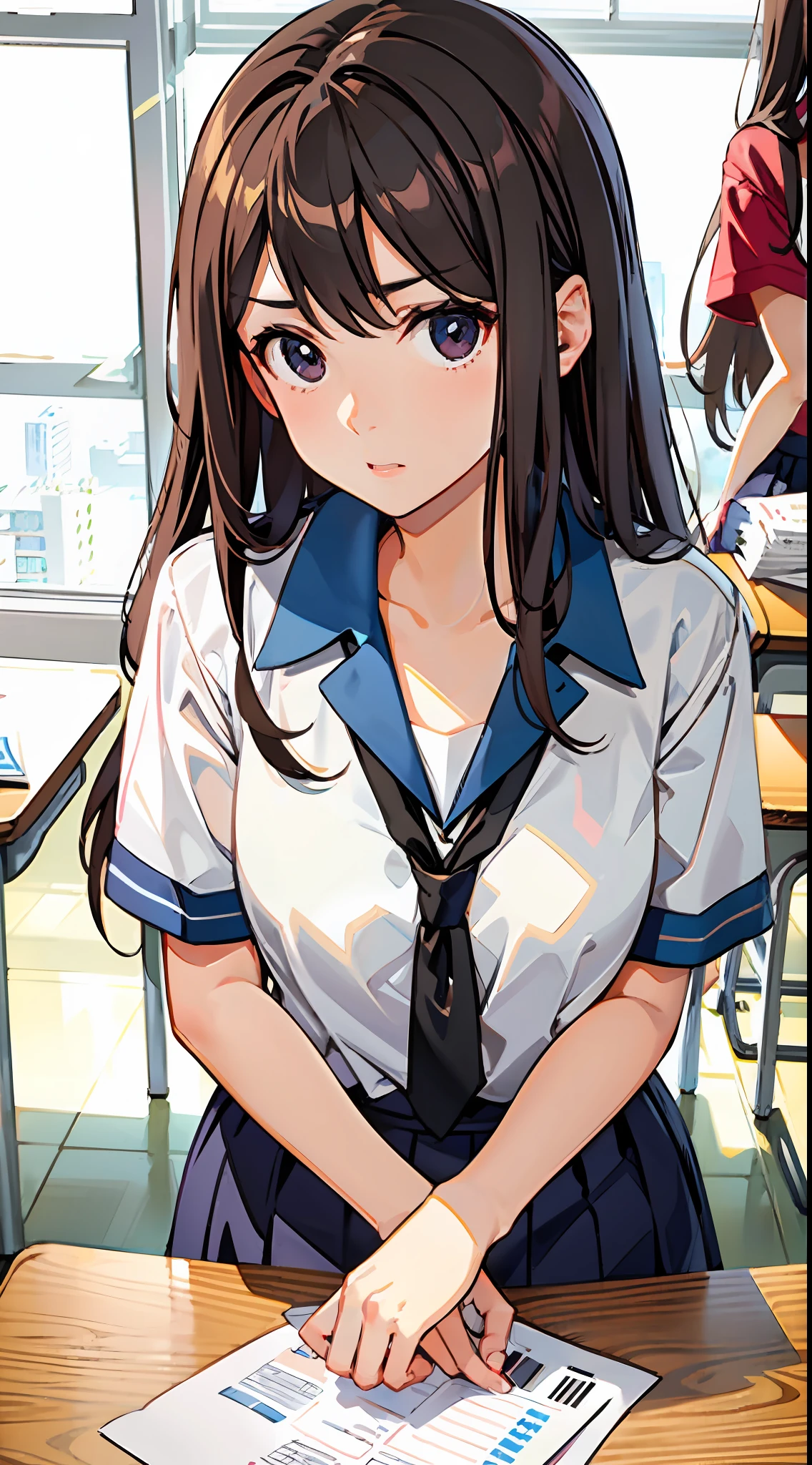 in class room,Two brunette girls,One of the girls is snatching another girl's test paper,And rolled his eyes at her,high qulity,beauitful face