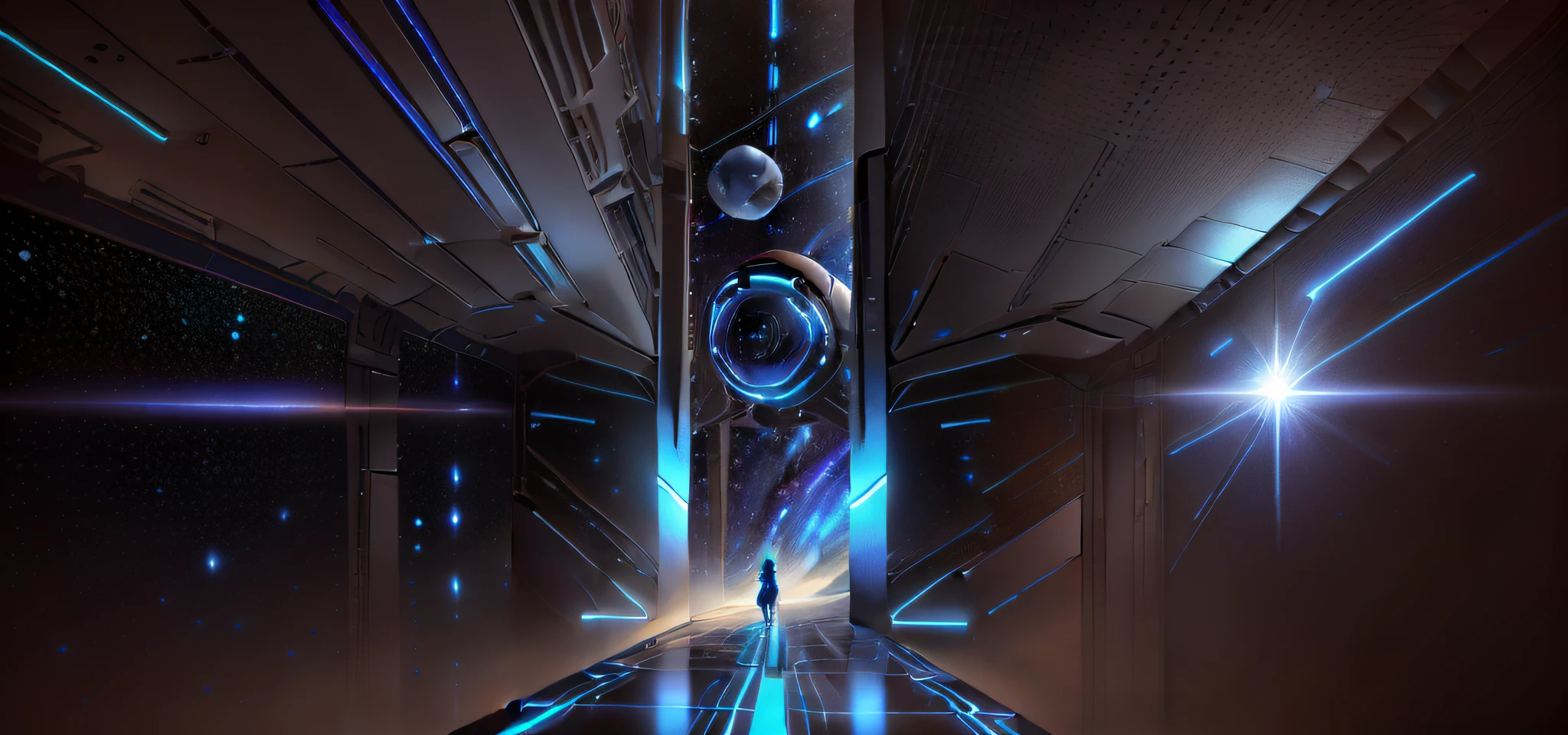 Interior of the building space,Cosmic science fiction style,Select Silver、Blue and black as the main colors should have the feeling of a vast universe。It can be decorated with a small amount of bright or fluorescent colors,
