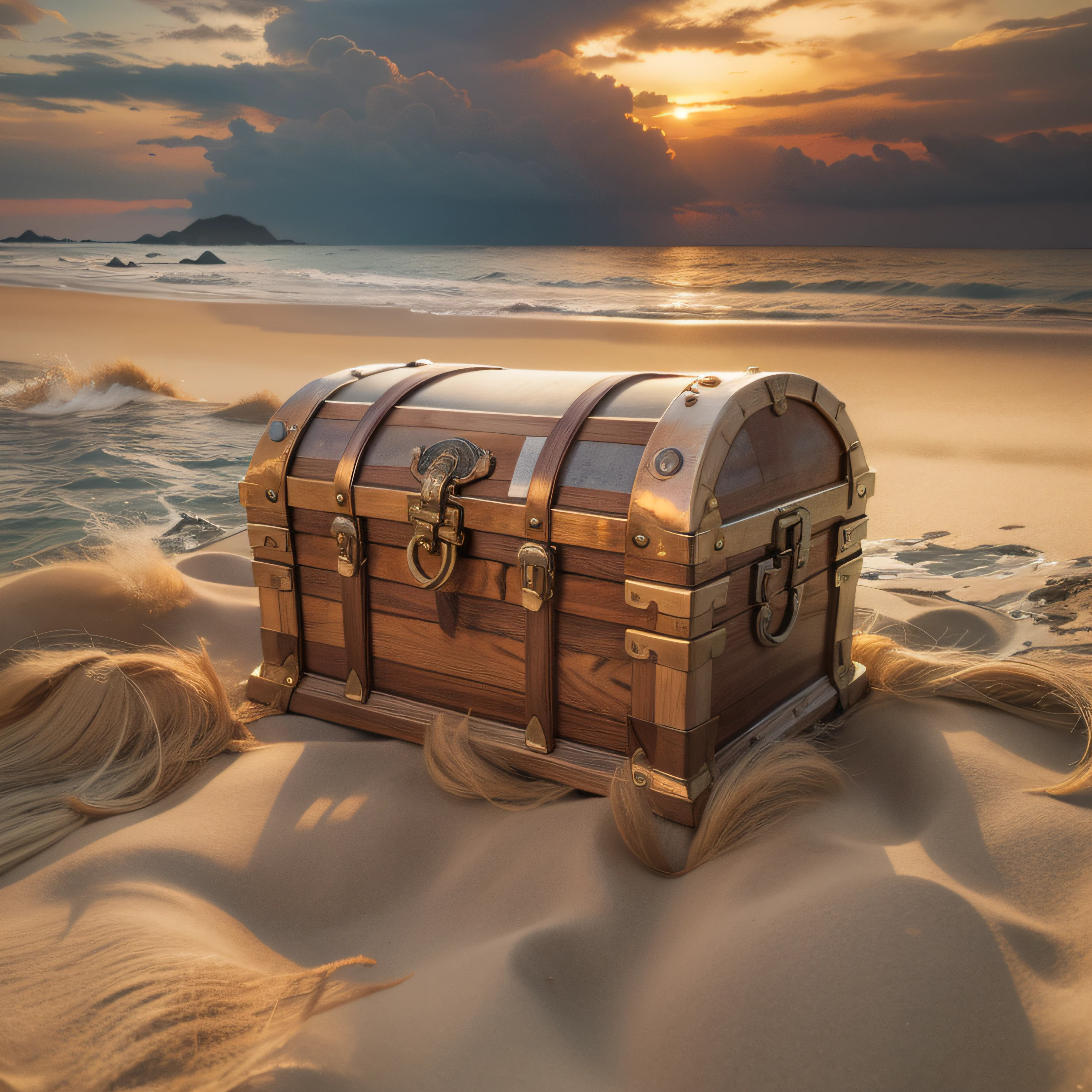top-quality, ​masterpiece, 超A high resolution, (Photorealsitic:1.4), Raw foto, treasure chests,shores,the setting sun