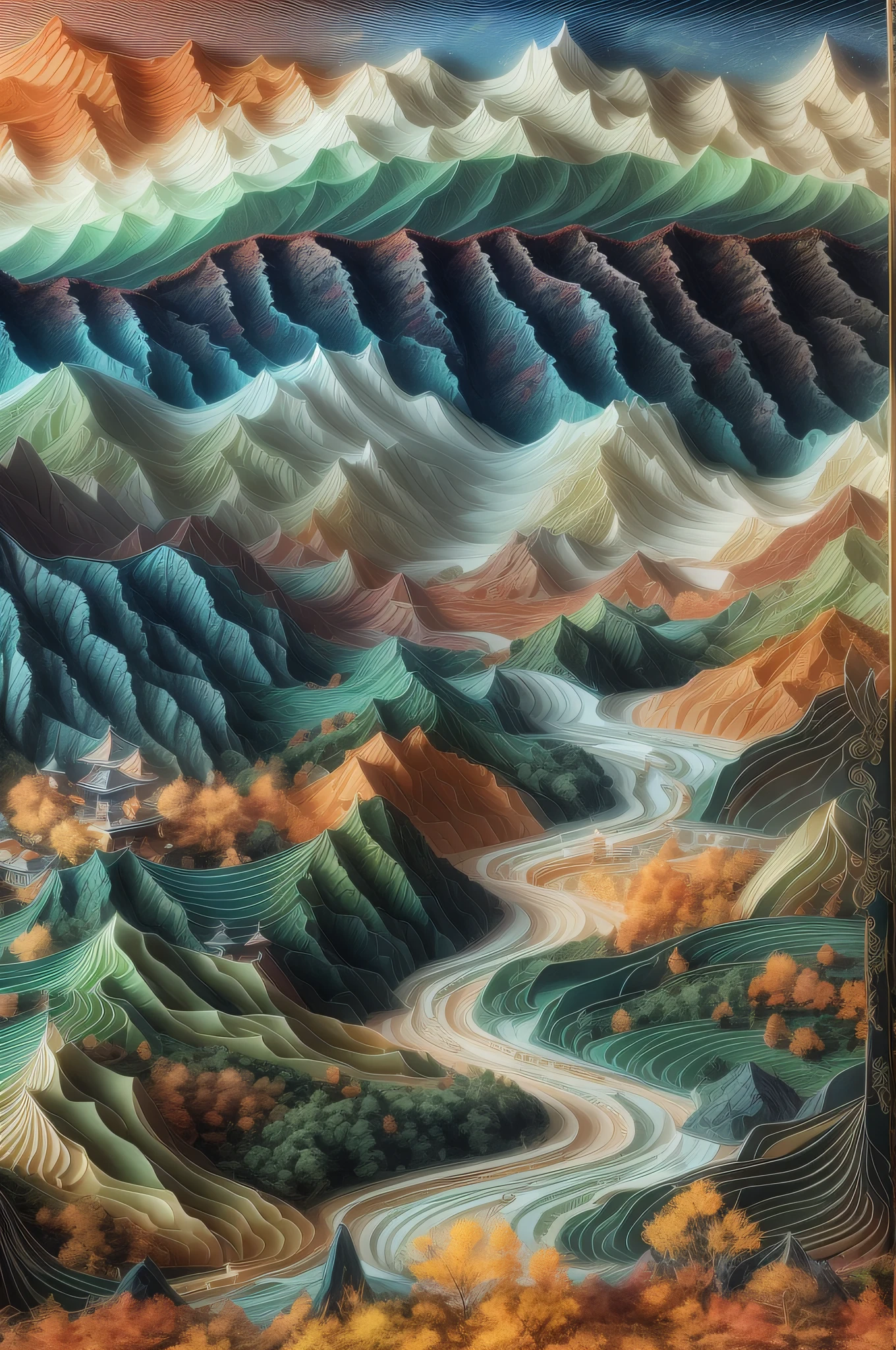 (chinse landscape:1.4),Movie Angle,(suns,baiyun,mountain ranges,ln the forest,rios),(paper art,Quilted paper art,geomerty),(plethora of colors,Best quality,high detal,tmasterpiece,Cinematic lighting effects,4K,Chiaroscuro)