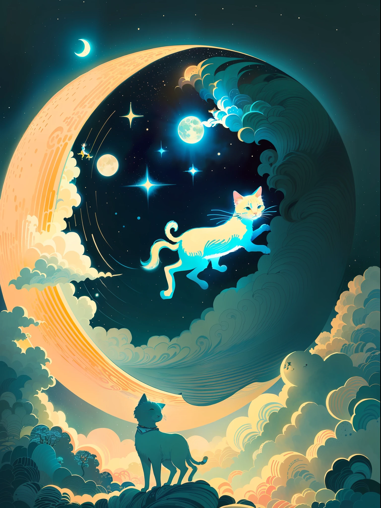 Illustration of a man flying on the moon with a cat, dreamlike illustration, illustrated in whimsical style, blurry and dreamy illustration, painting illustration, cute storybook illustration, colorful kids book illustration, float under moon light at night, illustratio, illustration!, calm evening. Digital illustration, children's book illustrations, whimsical art, whimsical fantasy landscape art, cute illustration