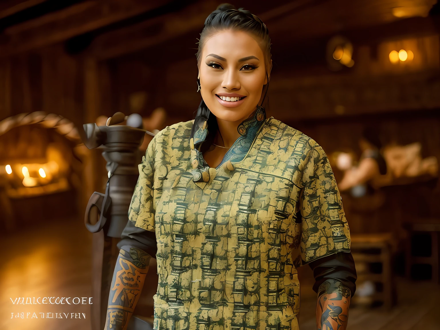 a portrait photo of   CallingBull smiling, tattoo, ((((fUkrainian folk dress)))), pronounced feminine feature, insane details, intricate details, hyperdetailed, complex background, medieval tavern, indoor, in the style of greg fredericks