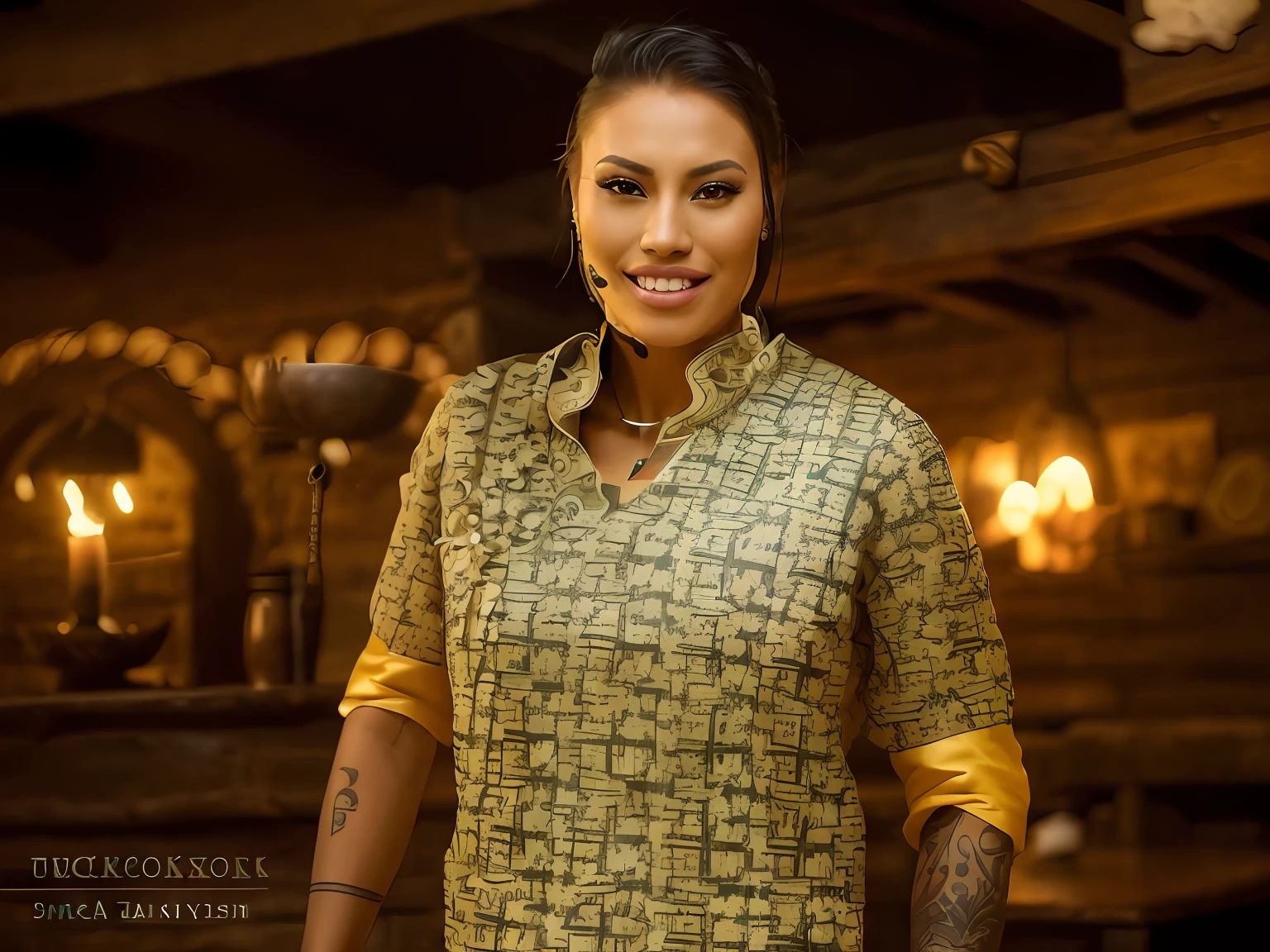a portrait photo of CallingBull smiling, tattoo, ((((fUkrainian folk dress)))), pronounced feminine feature, insane details, intricate details, hyperdetailed, complex background, medieval tavern, indoor, in the style of greg fredericks