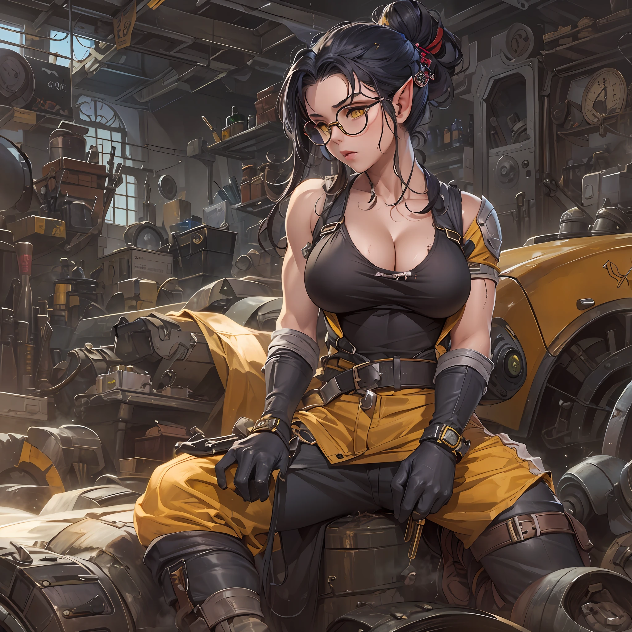 dirty female elf mechanic, 1girl, (solo:1.5), full body shot, busty boobs, wearing only an overall, black hair, yellow eyes , muscular arms, glasses, hair in a messy bun