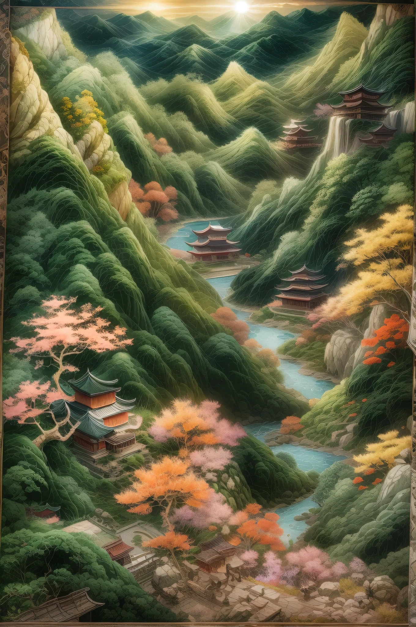 （Chinese landscape painting：1.4），Movie Angle，（suns，baiyun，mountain ranges，ln the forest，rios），（paper art，Quilted paper art，geomerty），（plethora of colors，Best quality，high detal，tmasterpiece，Cinematic lighting effects，4K，Chiaroscuro）