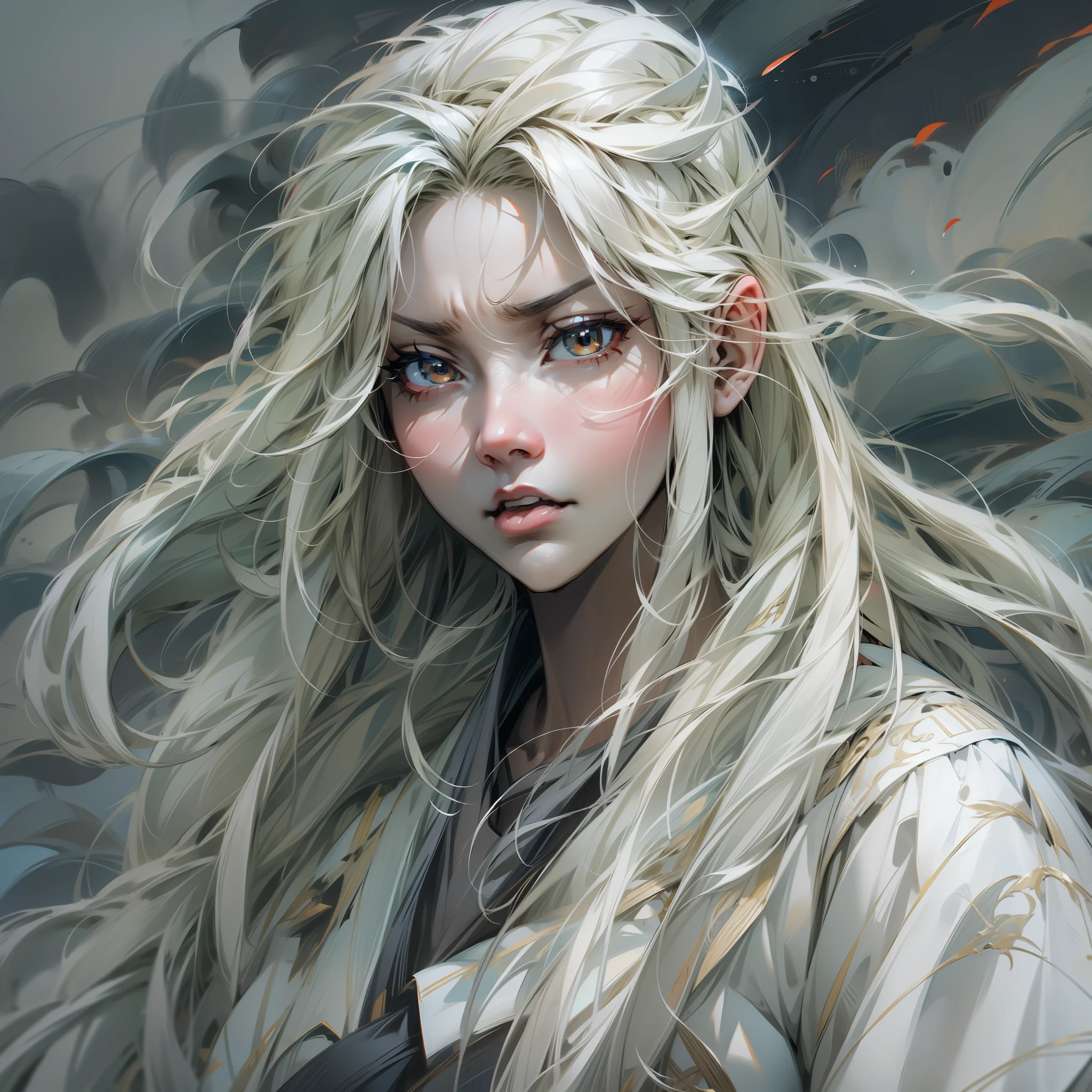Girl with typhoon elements,personification,The expression is fierce,long whitr hair,Stitching style