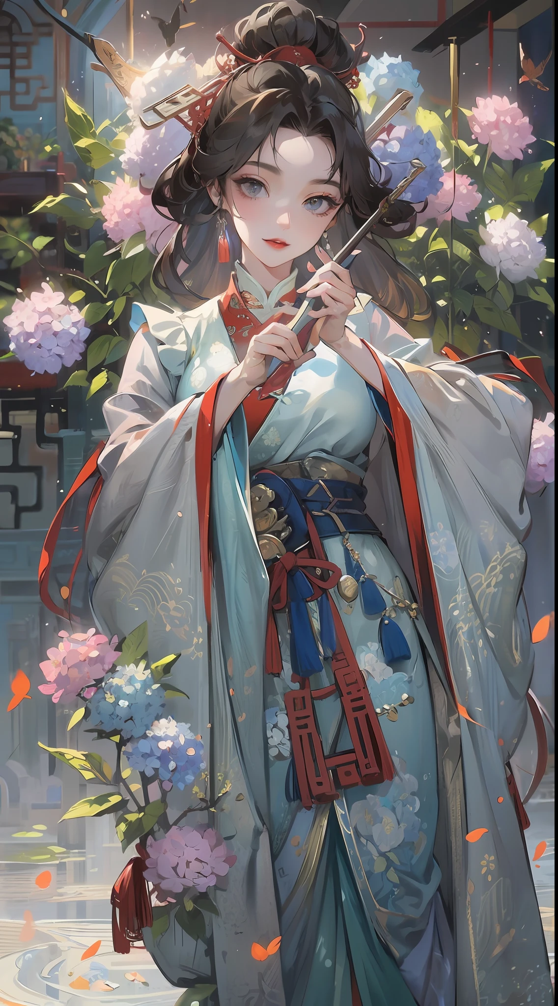 Masterpiece, Superb Product, Night, Full Moon, 1 Woman, Mature Woman, Chinese Style, Antique Chinese, Sister, Royal Sister, Smile, Brunette Hair, Updo, Red Lips, Calm, Intellectual, Hairpin, Hair Flower, Detailed Facial Details, Detailed Eyes, Full Body, Gray Eyes, Long Hair, Hydrangeas