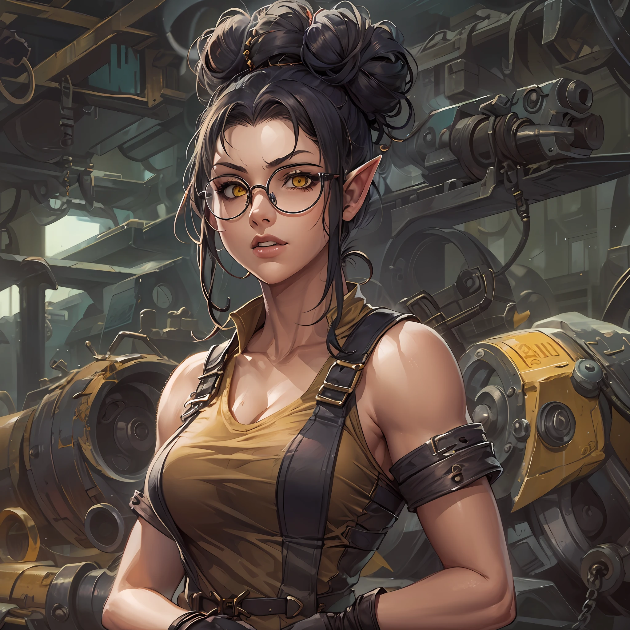 dirty female elf mechanic, 1girl, (solo:1.5), full body shot, busty boobs, wearing only an overall, black hair, yellow eyes , muscular arms, glasses, hair in a messy bun