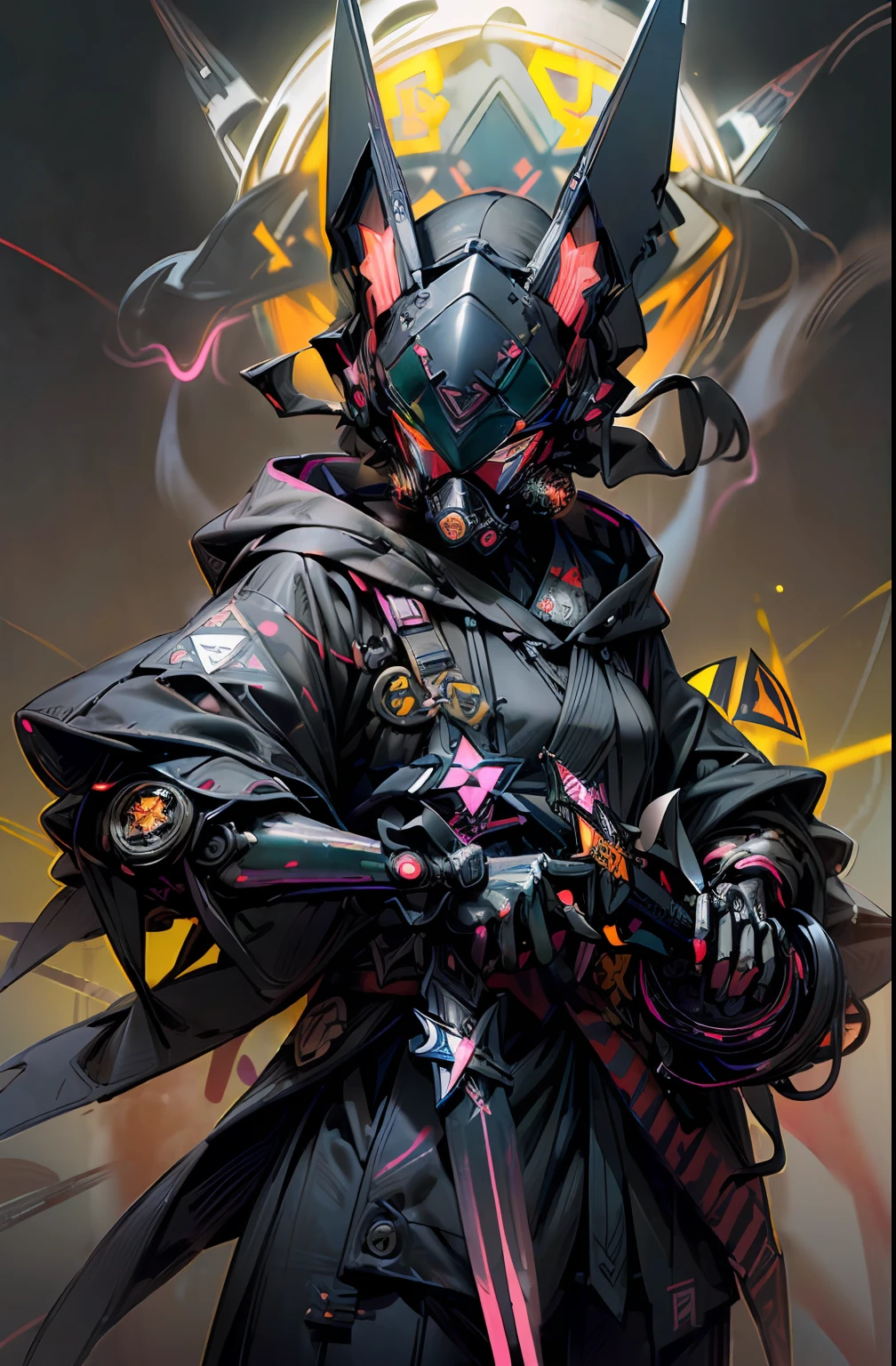 (fumo:1.5)、full Helmet、(gas masks:1.3)、(Explosive effect:1.6)、(Neon Paint:1.6)、(psychedelic:1.3)、(shuriken:1.5)、(Knives:1.3)、(Wearing a hood:1.2)、colourfull、cyberpunked、(独奏:1.5)、Mechanical Marvel、droid、(((masterpiece、top-quality、Beautiful、ultra-detailliert)))