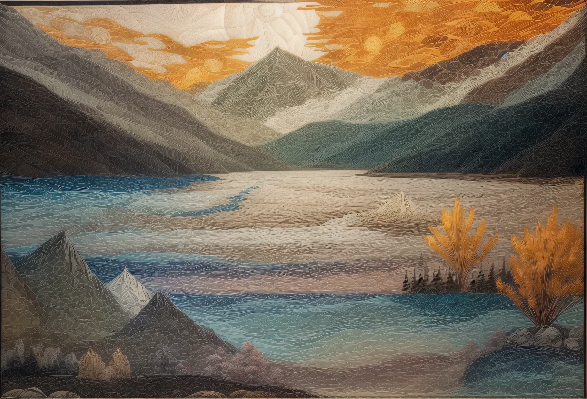 (There is a large body of water,The background is mountains, new zealand landscape:1.2, lakeside mountains, kahikatea, Mountains and lakes, Victorian architecture:1.6),(paper art,Quilted paper art,geomerty),(plethora of colors,Best quality,high detal,tmasterpiece,Cinematic lighting effects,4K,Chiaroscuro)
