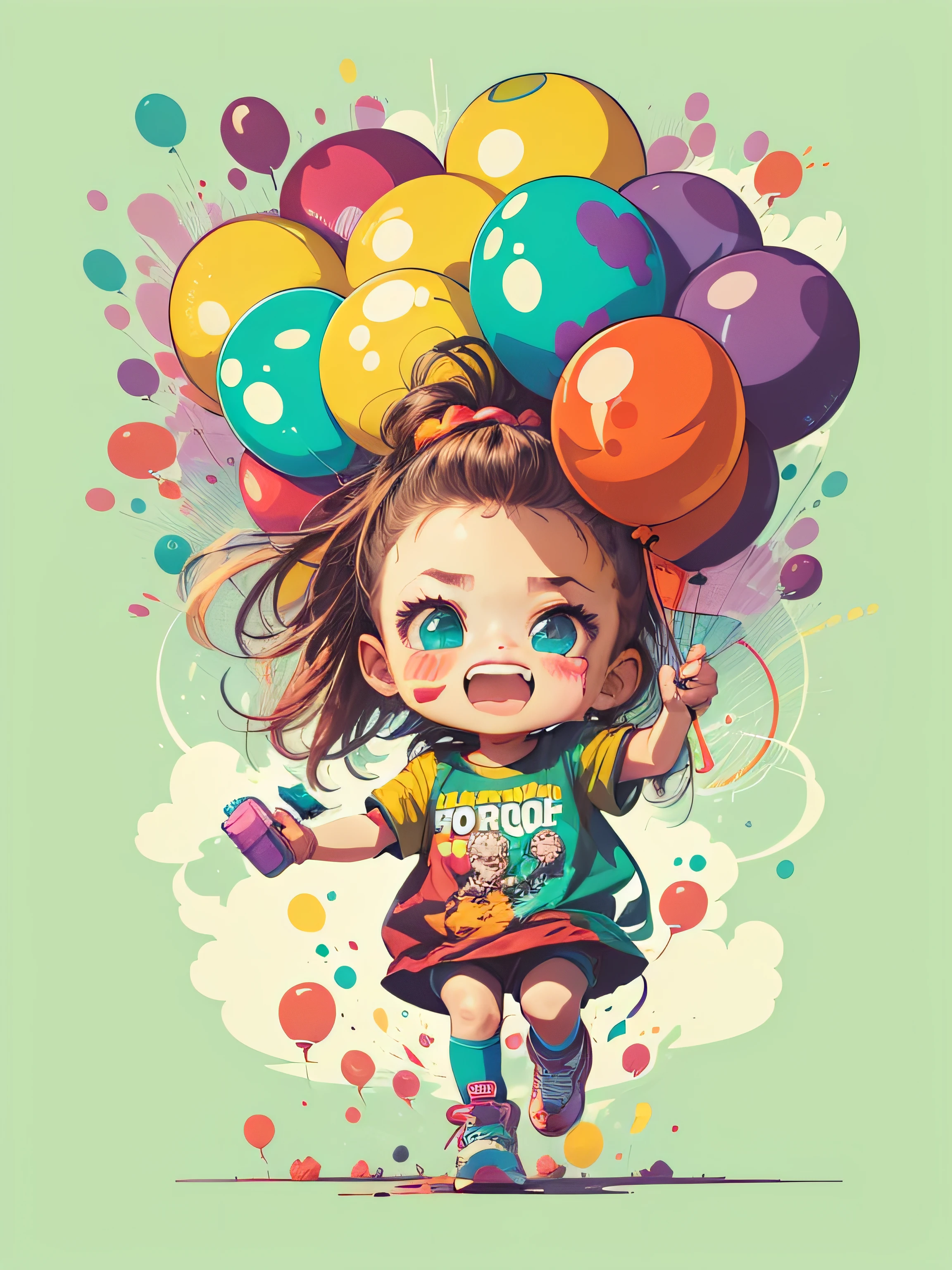 Vector t-shirt, Ready to print colorful graffiti illustration of colorful little girl with balloons, Bright colors, action shot, high detail, whitebackground