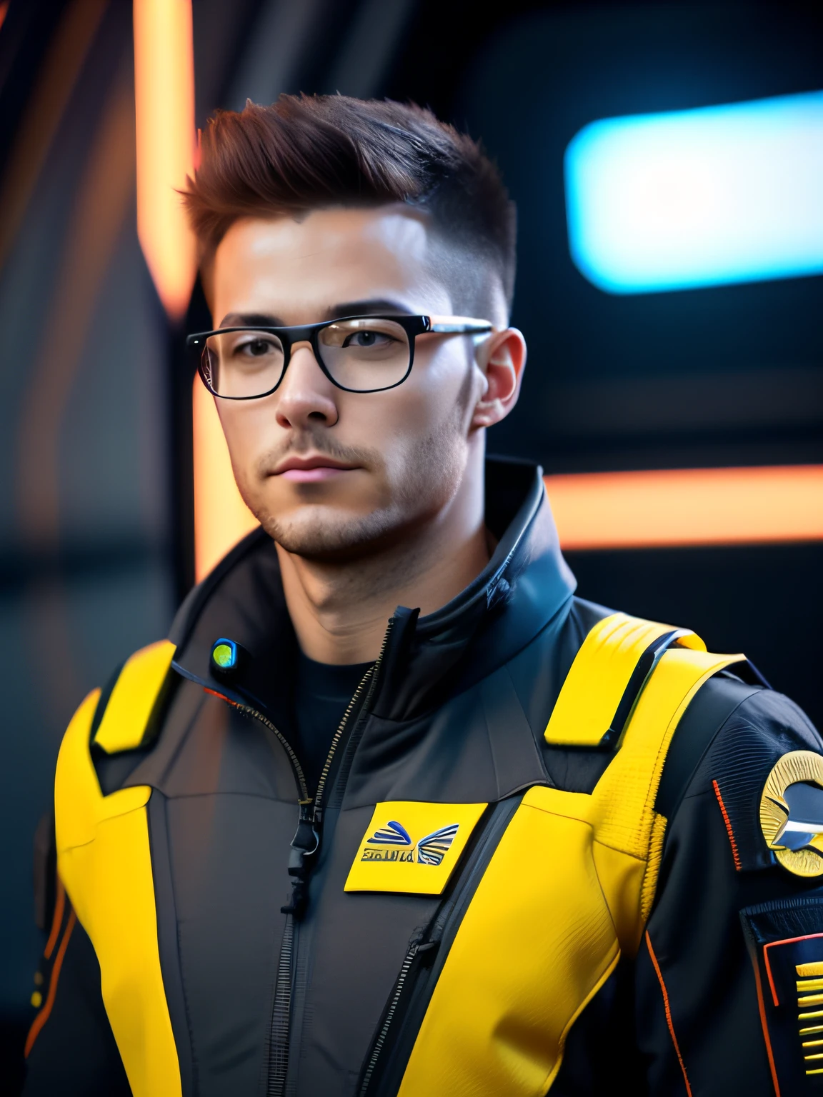 fking_scifi，An award-winning photo of a man，Black flight suit with yellow accents，brown  hair，Wearing glasses,（Gray eye：1.35），Square chin，asymmetric face，Stand in front of the window of the spaceship，85mm，Background bokeh，Mass effect, deactivated, fking_cinema_v2