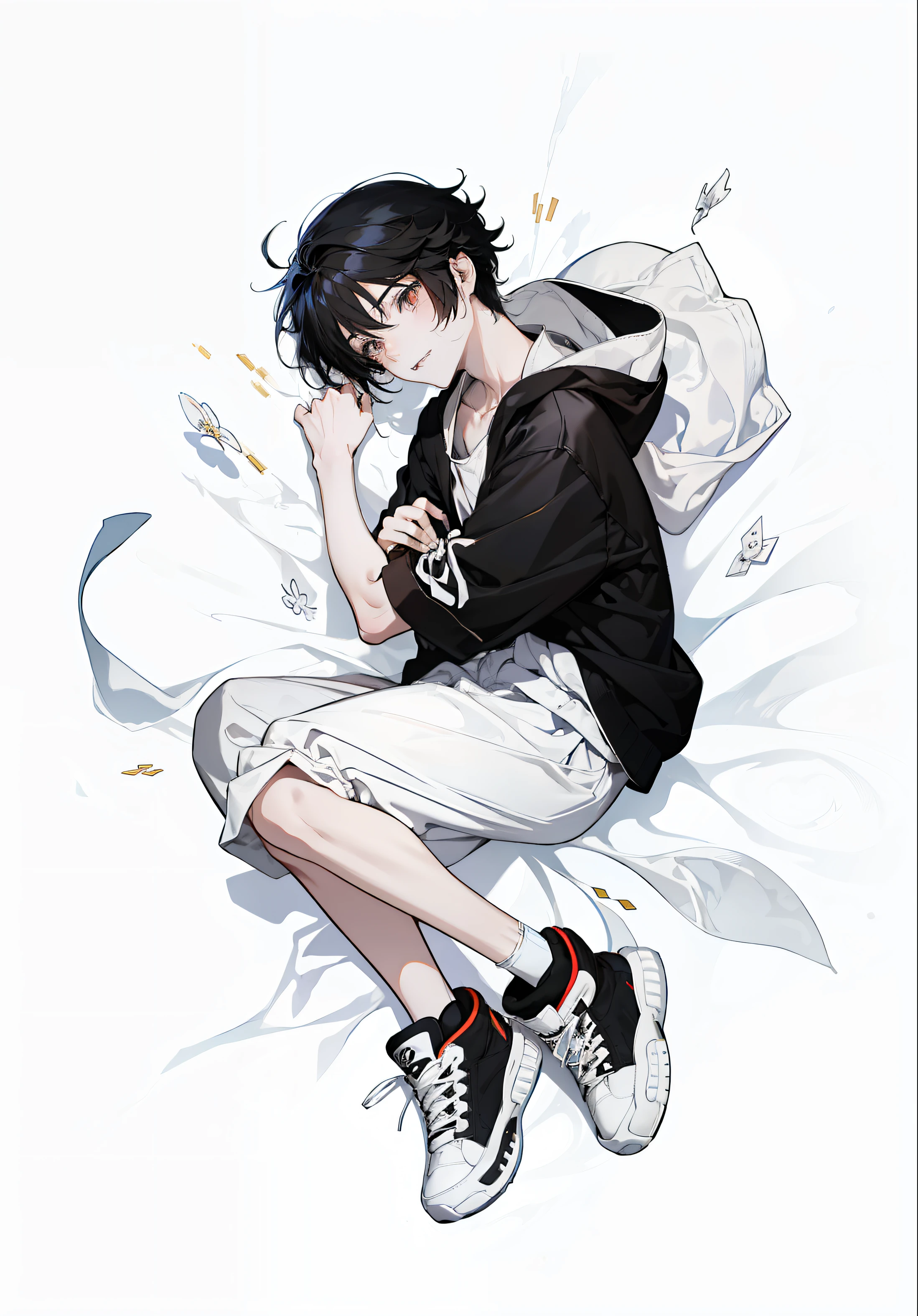Japanese anime and manga style，White floor，lies on the ground，A beautiful boy with black hair curled up，Golden eyes，Everyday menswear，Black hooded sweatshirt，short white pants，White mid-tube socks，black sneaker shoes，Male and female