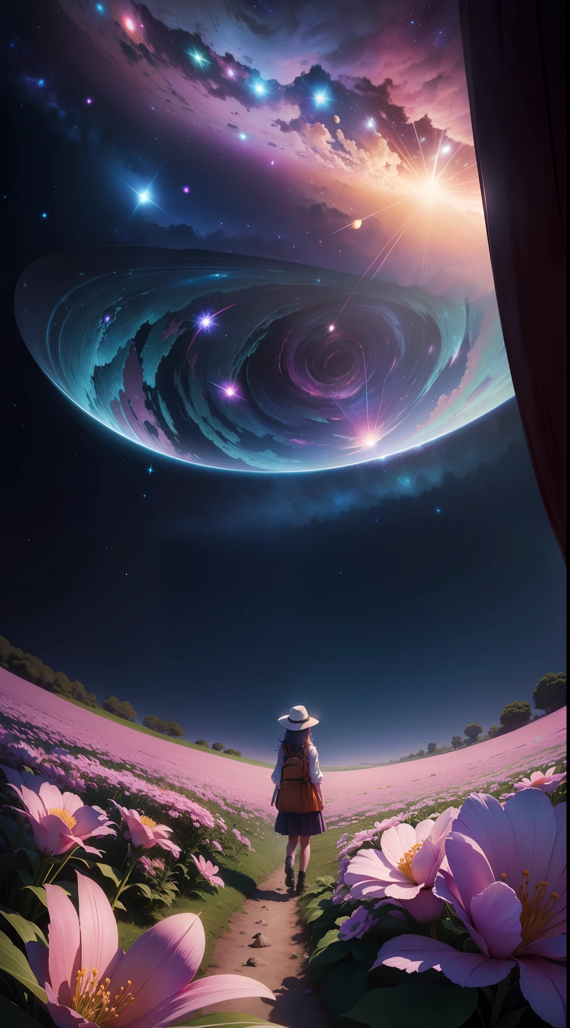 Uma menina em um campo de flores, vista de baixo para cima, cosmic view, galaxias, cometas, lua cheia, cena de anime, estilo anime,