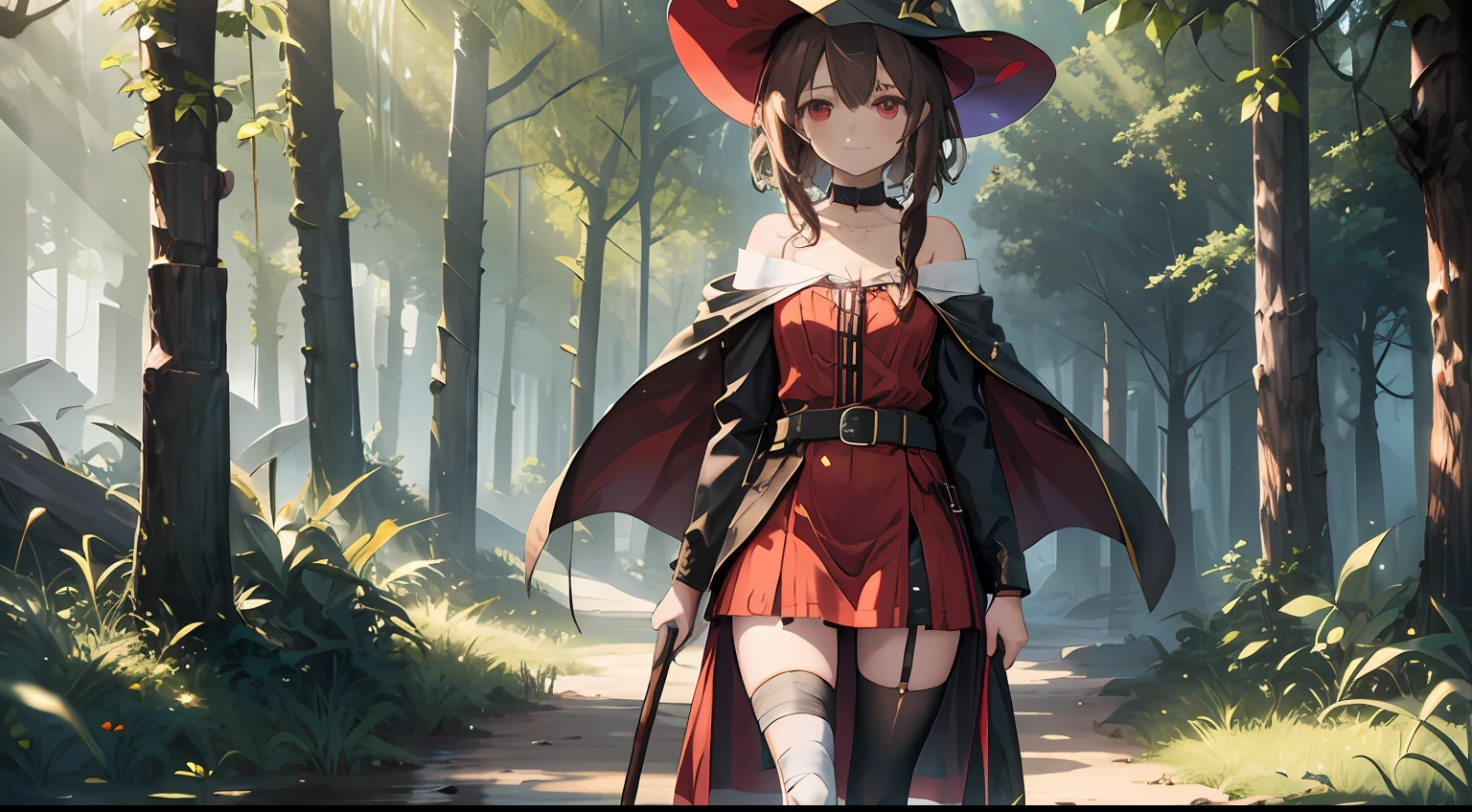 anime screencap, forest,nature,dirt path,blue sky,
1girl, solo, red eyes, bandaged leg, single thighhigh, red dress, belt, bare shoulders, brown hair, short hair with long locks,collar, closed mouth, collarbone, choker, standing, asymmetrical legwear, cowboy shot, long sleeves, mismatched legwear,standing,smile,looking at viewer, cape, witch hat, holding staff, staff,