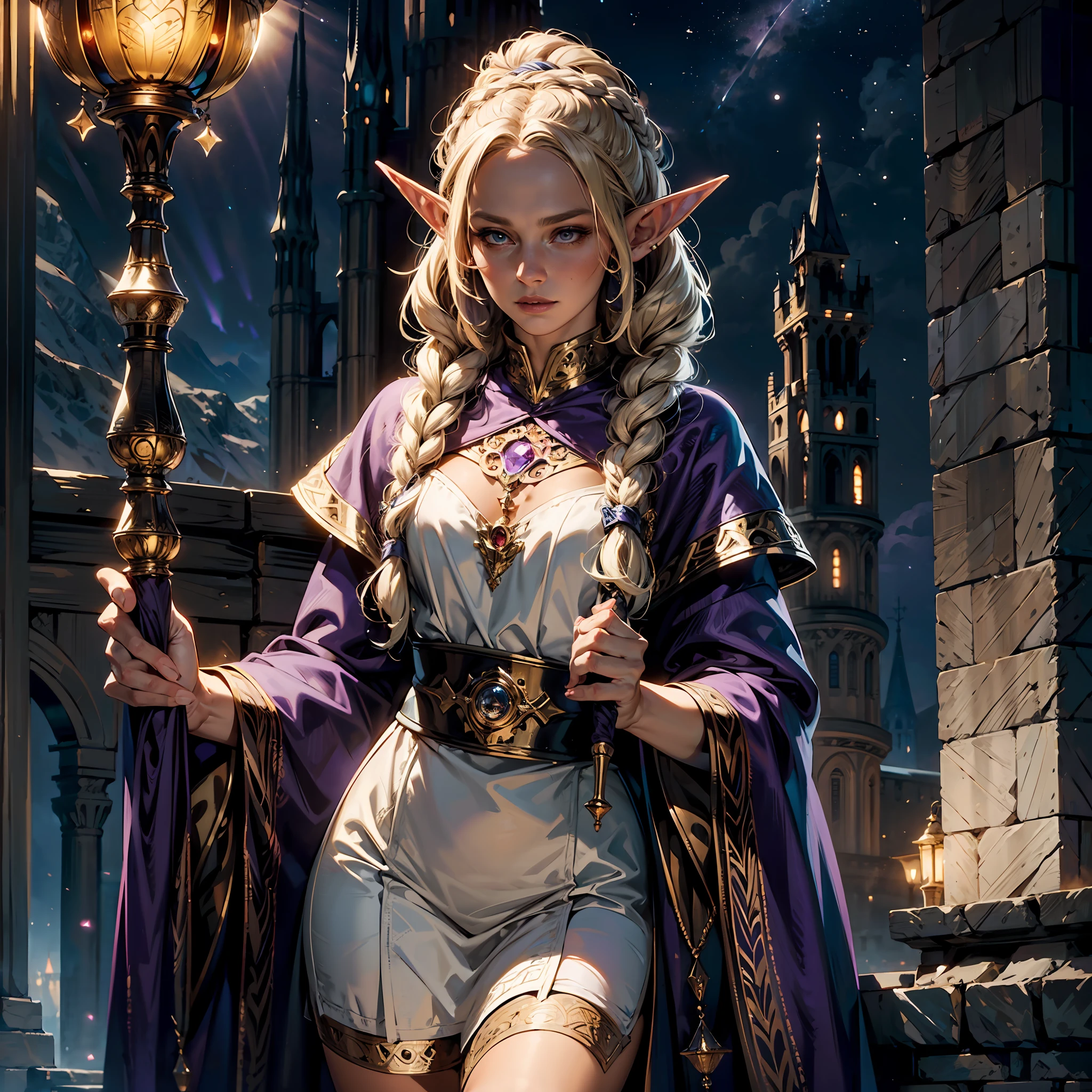 8k, ultra detailed, masterpiece, best quality, (extremely detailed), dynamic angle, anatomically correct, an ultra wide angle picture of a female elf wizard in front of a magical tower (1.5 intricate details, Masterpiece, best quality), female elf (1.5 intricate details, Masterpiece, best quality), beautiful elf, RPG elf (1.5 intricate details, Masterpiece, best quality), holding a magic staff, ((magical lights and patterns)) surrounding the wizard (1.5 intricate details, Masterpiece, best quality), small pointed ears, blond hair, braided hair, magical tower ( 1.5, intense details, masterpiece), flowing robe, (purple) robe with stars on it, (1.5 intricate details, Masterpiece, best quality). moon rays, stars, moon light, night time,