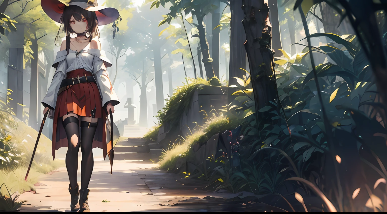 anime screencap, forest,nature,dirt path,blue sky,
1girl, solo, red eyes, bandaged leg, single thighhigh, red dress, belt, bare shoulders, brown hair, short hair with long locks,collar, closed mouth, collarbone, choker, standing, asymmetrical legwear, cowboy shot, long sleeves, mismatched legwear,standing,smile,looking at viewer, cape, witch hat, holding staff, staff,
