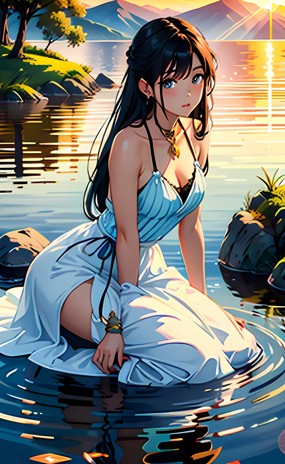 1 girl, serene expression, mesmerizing eyes, straight long hair, flowing dress, poised posture, porcelain skin, subtle blush, crystal pendant BREAK golden hour, (rim lighting):1.2, warm tones, sun flare, soft shadows, vibrant colors, painterly effect, dreamy atmosphere BREAK scenic lake, distant mountains, willow tree, calm water, reflection, sunlit clouds, peaceful ambiance, idyllic sunset, ultra detailed, official art, unity 8k wallpaper , zentangle, mandala