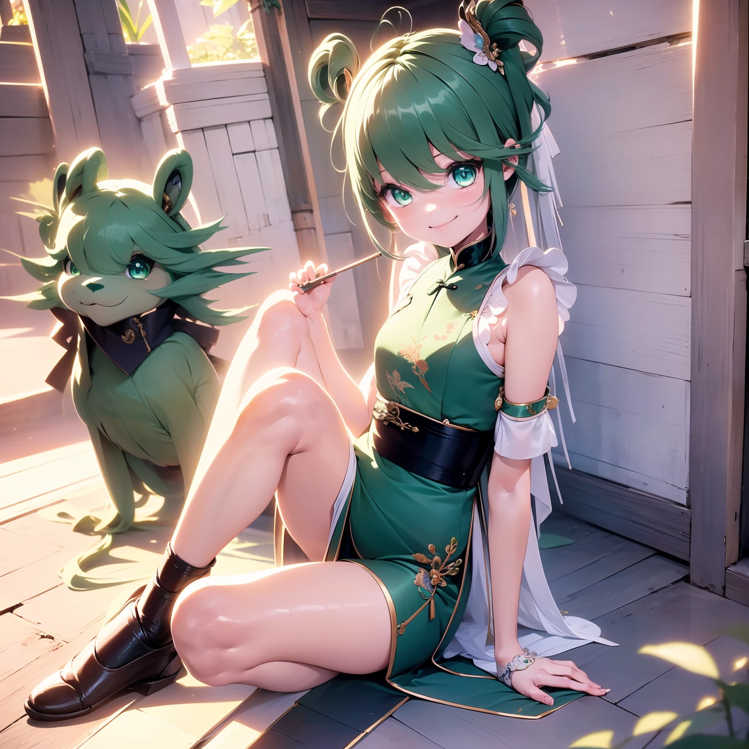 , Sitting resignedly on the floor, holding fan, Background dragon Statue, little smile expression, wearing a green maid dress, close up, Beautiful eyes, perfect face, full body, masterpiece