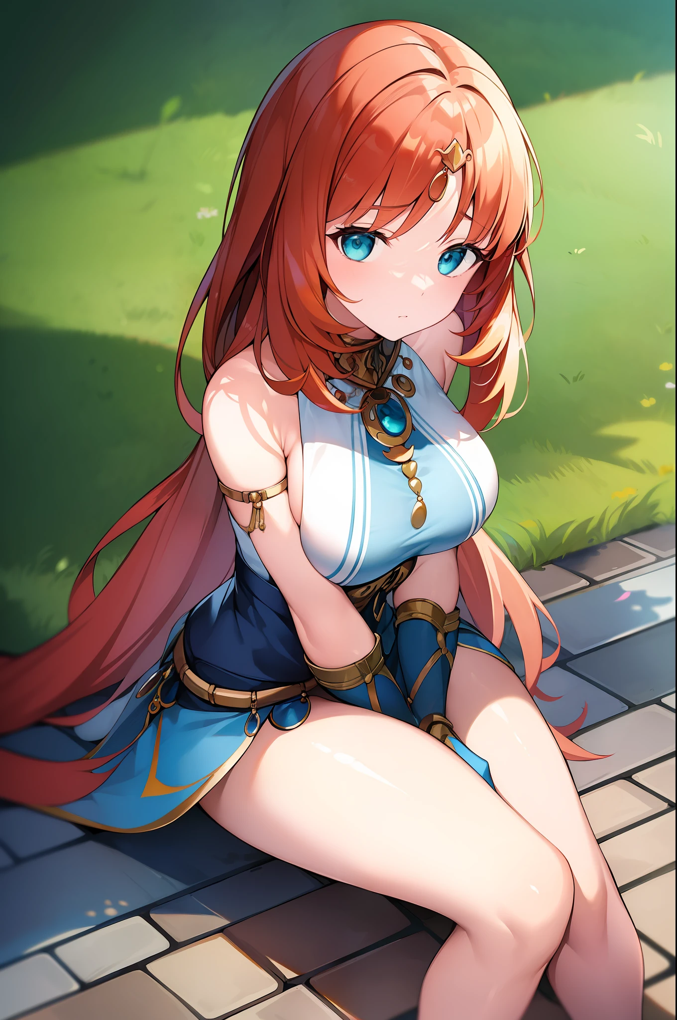 (masterpiece), best quality, expressive eyes, perfect face,w sitting, w sitting on ground, arm between legs, both arm between legs, anime character,genshin impact,woman,nilou (genshin impact),big breast, good breast