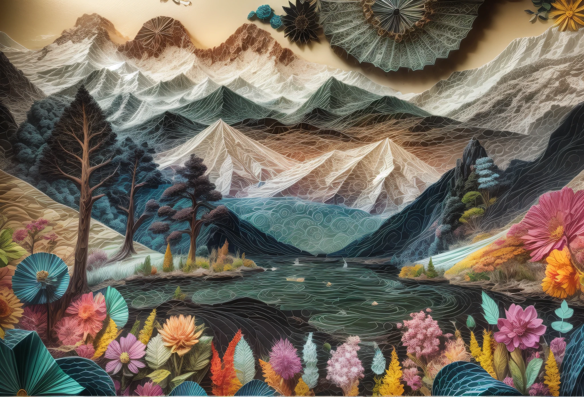 （There is a large body of water，The background is mountains, new zealand landscape：1.2, lakeside mountains, kahikatea, Mountains and lakes, Victorian architecture：1.6），（paper art，Quilted paper art，geomerty），（plethora of colors，Best quality，high detal，tmasterpiece，Cinematic lighting effects，4K，Chiaroscuro）