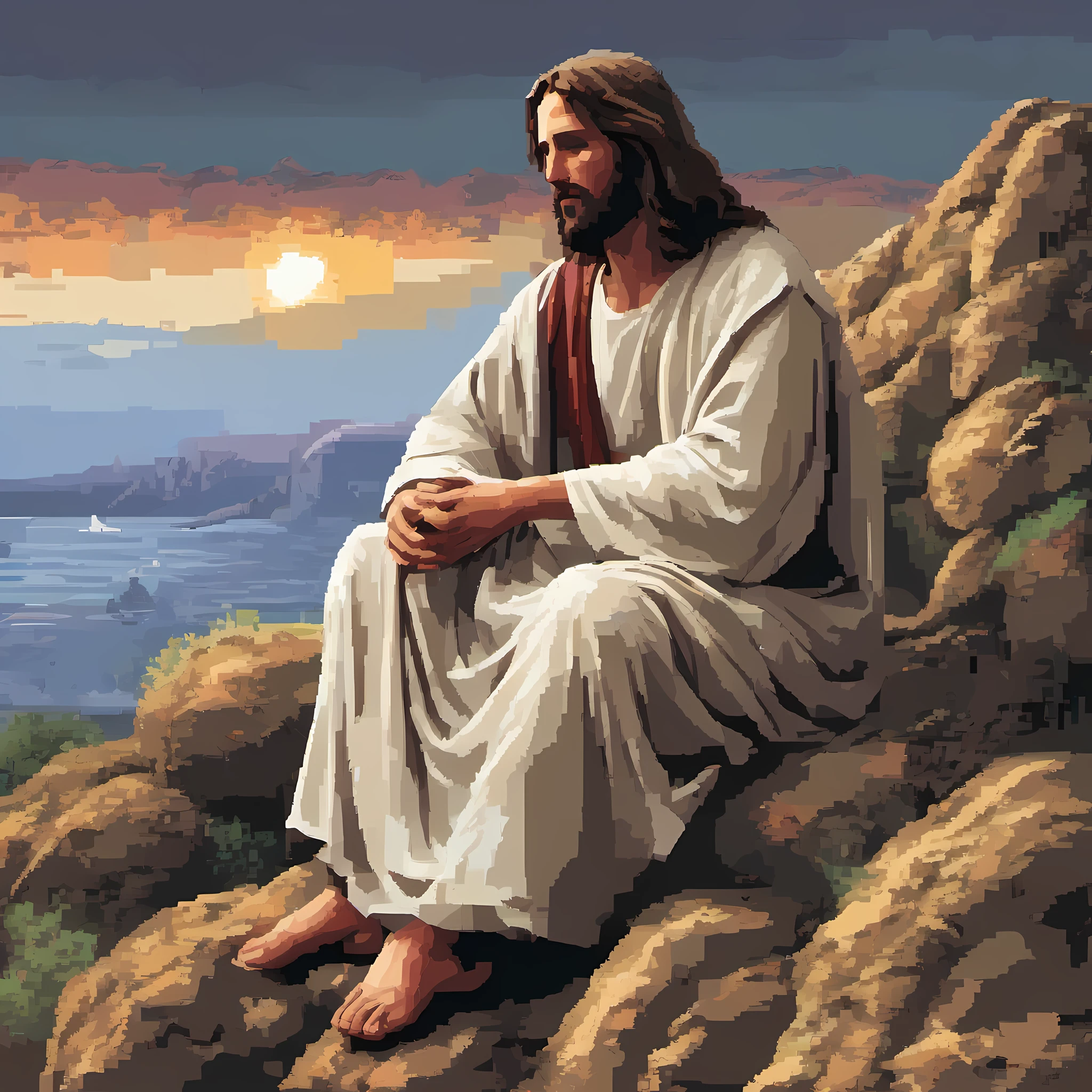 Jesus sitting on a rock Christian art, som, serene emotion,