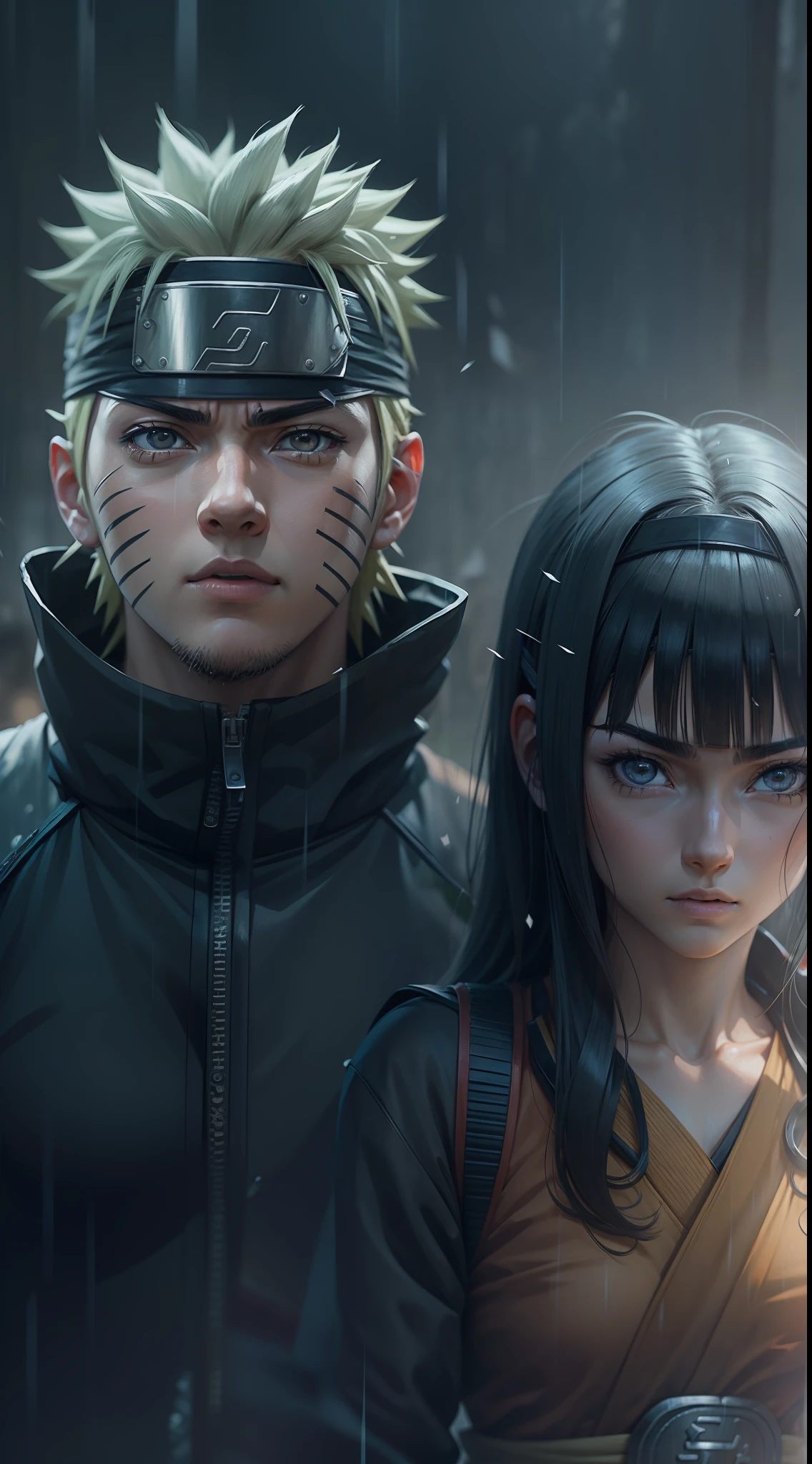 naruto shippuden naruto and hinata super strong, muscular, background Konohagakure (Hidden Leaf Village), raining, 35mm lens, photography, ultra details, precise texture details HDR, UHD,64K,