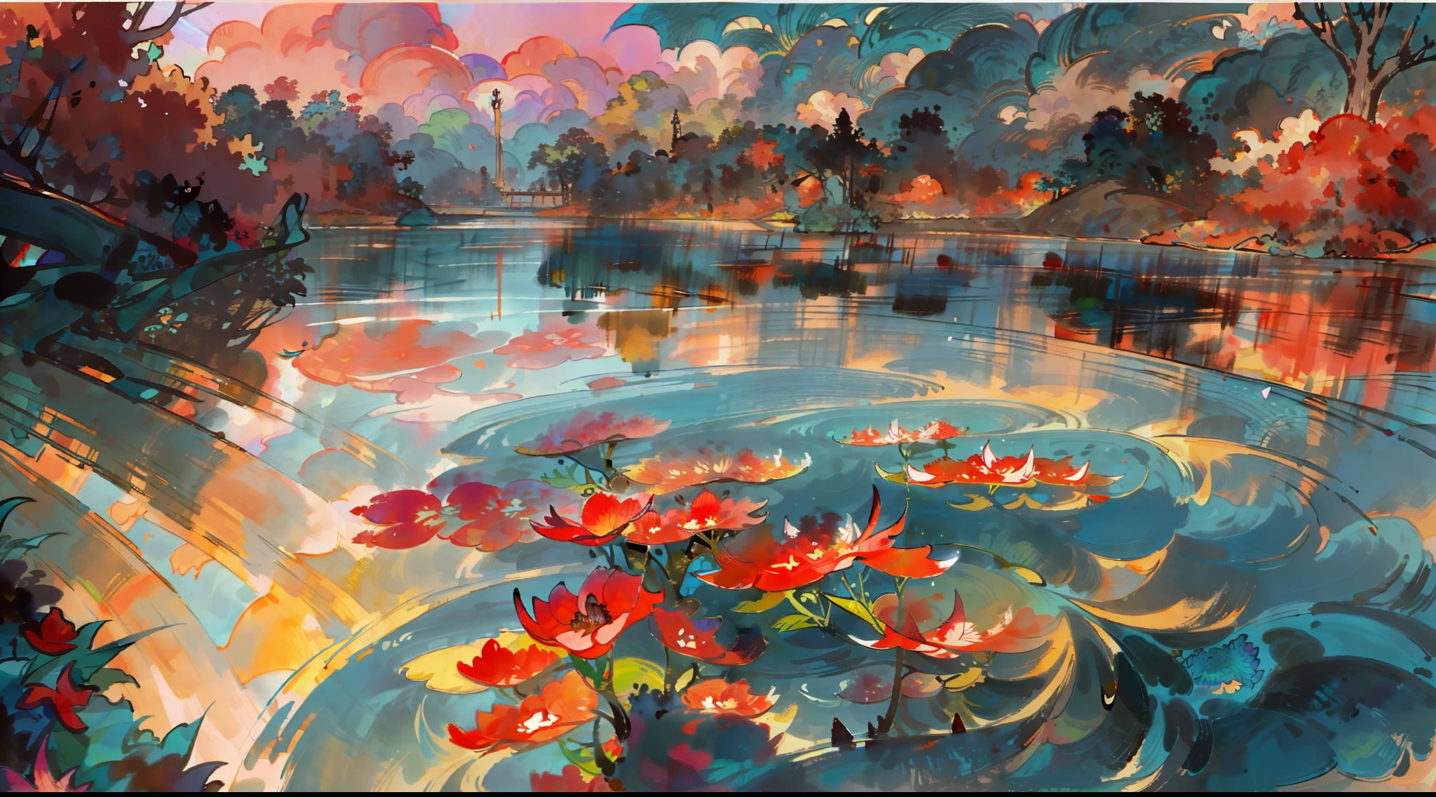 A surreal masterpiece,Accompanied by colorful water and fantastic reflections。The beautiful sky blends in with the color of the lake,It's like a flame。This 8K picture creates a fantastic atmosphere,Colorful clouds reflected in the water,A masterpiece for creating surreal visual experiences,best qualtiy,(Very detailed CG unity 8K wallpaper)(best qualtiy),(Most Best Illustration),(Best shadow)Nature',Delicate leaves and flowers of various colors fall in the water,ultra-detailliert,The most authentic reflection of the surface of the water