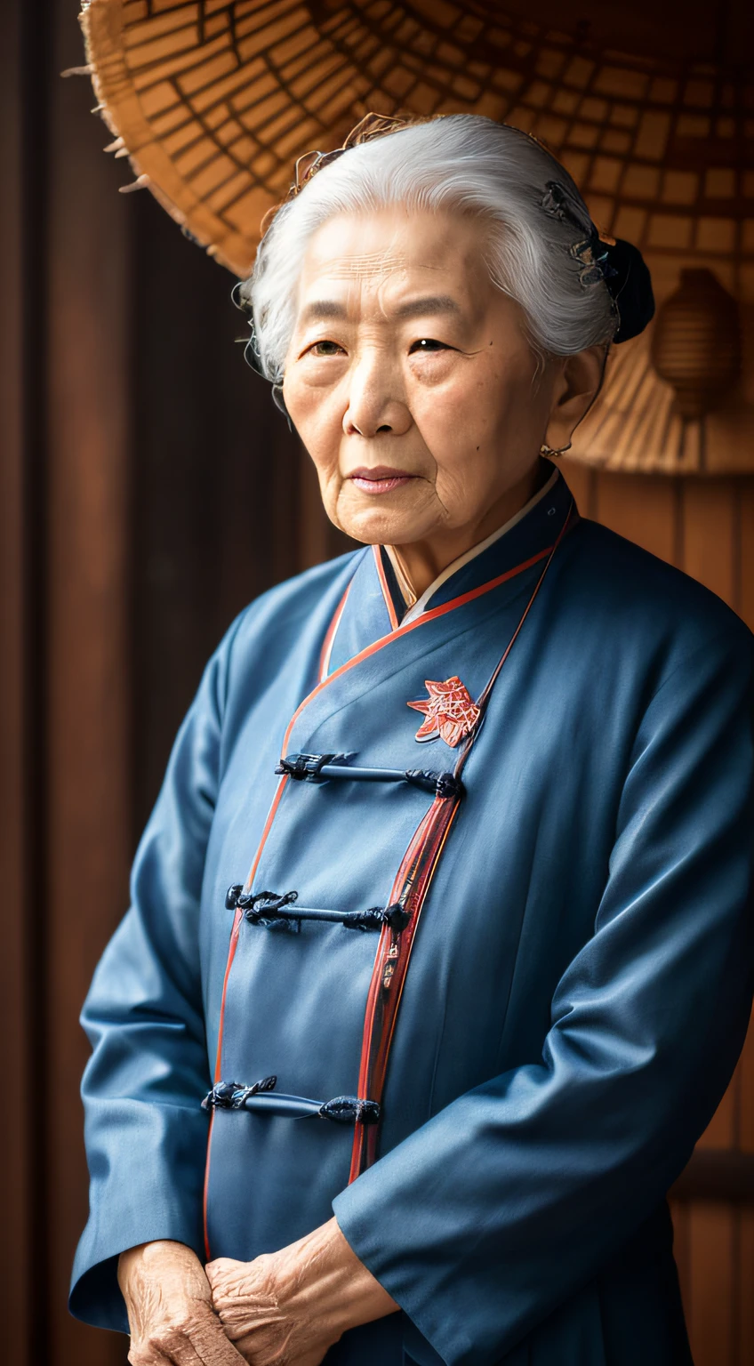 There was a woman standing, Portrait shooting, Chinese woman, matte painting portrait shot, Chinese woman, An Asian woman, Asian woman, Old woman, movie still 8 k, By Fei Danxu, Chinese woman, portrait shot 8 k, the look of an elderly person, inspired by Kim Tschang Yeul, detailed portrait shot --auto