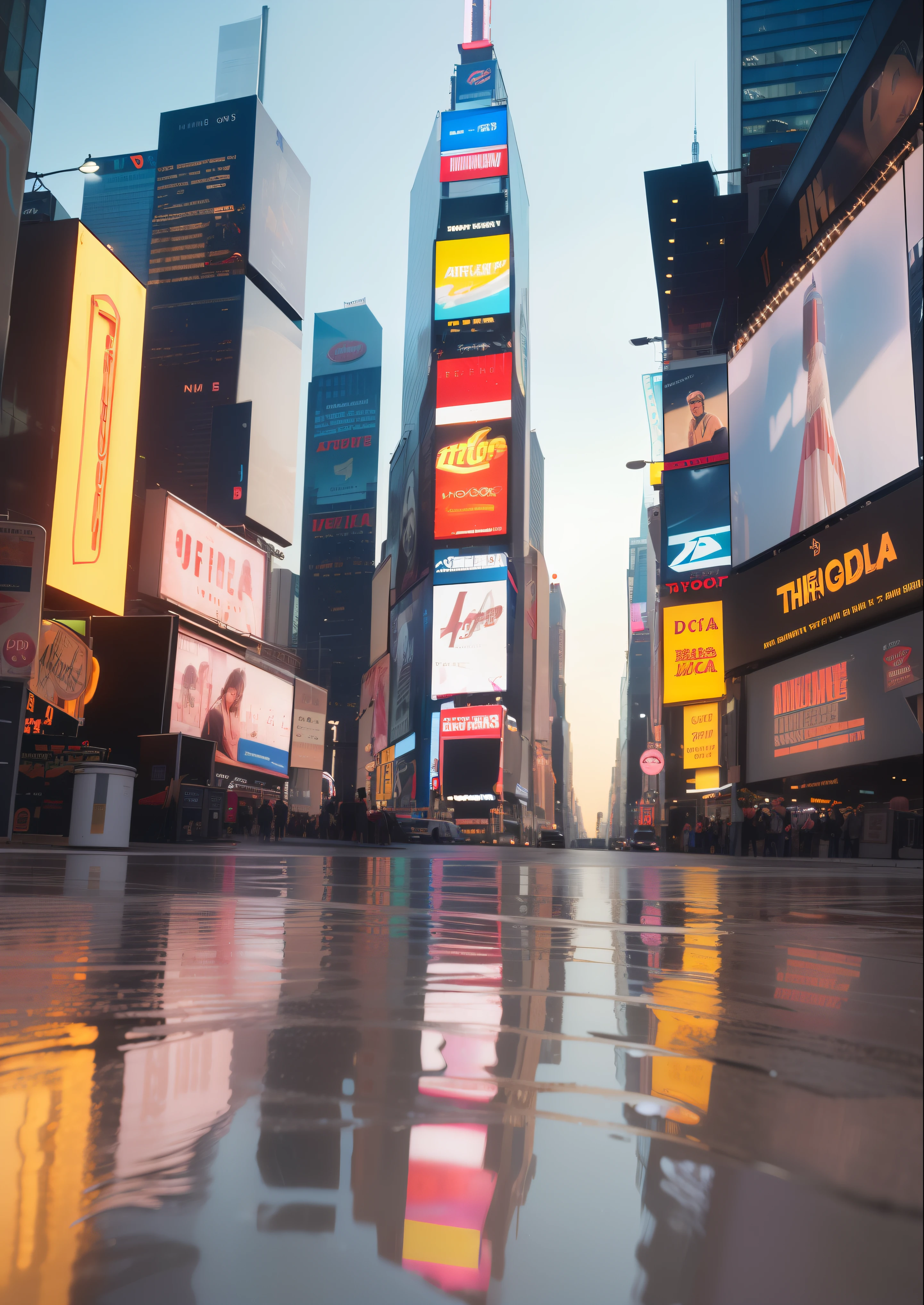 Times Square, reflection on the ground, Morning light, sol, amazing fine details, film photography Nikon D850 Kodak Portra 400 camera f1.6 lente, cores claras, textura realista, ambiente urbano, highrise, neon signs, trending on ArtStation, cinestill 800 tungsten, foto do ano,