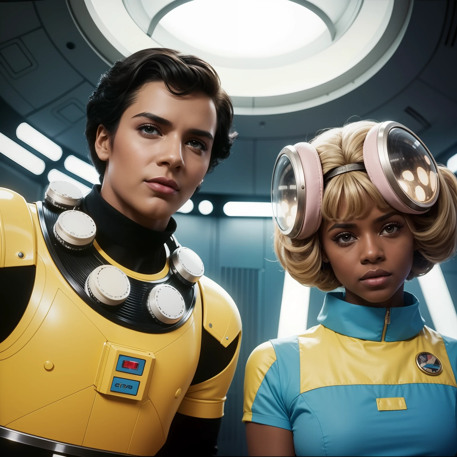 4k image from a 1970s science fiction film, imagem real, Estilo Wes Anderson, pastels colors, people wearing retro-futuristic fashion clothes and futuristic technological ornaments and devices in the cafeteria, Luz Natural, cinemactic, Psicodelia, futurista estranho, retro-futurista, photo-realistic, olhos reais, perfect hands, cabelo perfeito, ricos detalhes do rosto, hiper detalhado, hyper realistic, textura real da pele, texturas de tecido real, Sharp background details, sharp render, Sci-fi dos anos 1970,