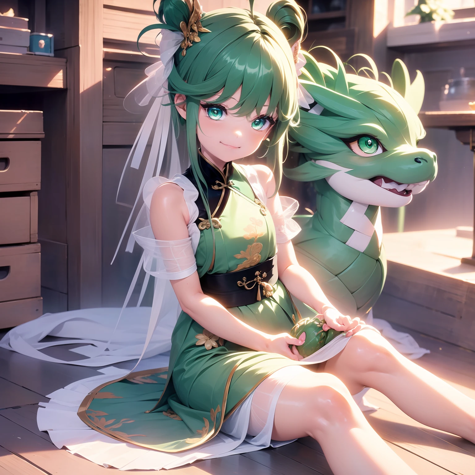 , Sitting resignedly on the floor, holding fan, Background dragon Statue, little smile expression, wearing a green maid dress, close up, Beautiful eyes, perfect face, full body, masterpiece