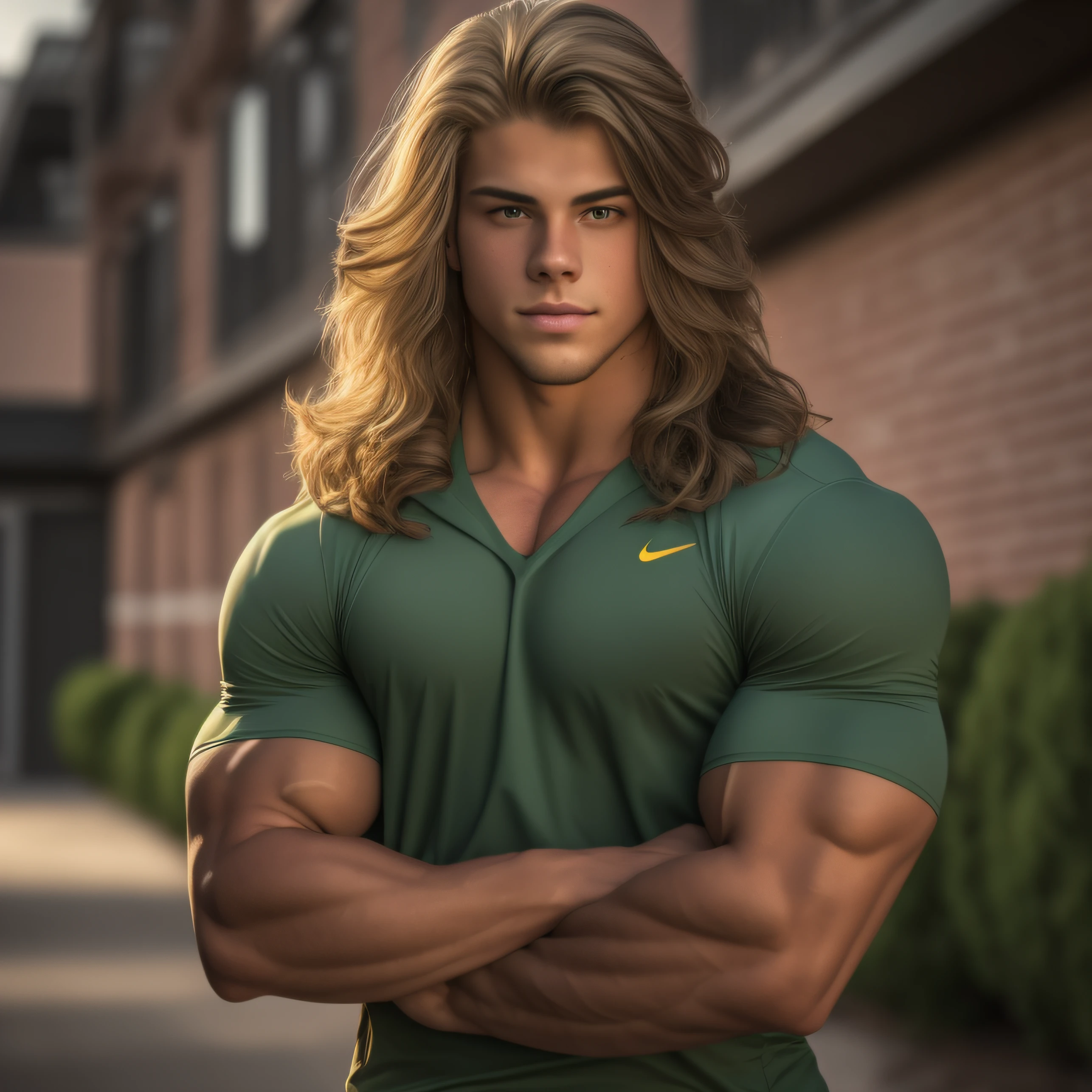 An 18-year-old boy bodybuilder, embodying the perfect fusion of Joey Lawrence and Cody Calafiore with long hair, exuding an aura of strength and confidence. Enhanced with HDR technology, this image depicts a true masterpiece, 4K resolution, a varsity sports jersey, outdoor lighting, majestic pose, perfect muscle structure, reddit