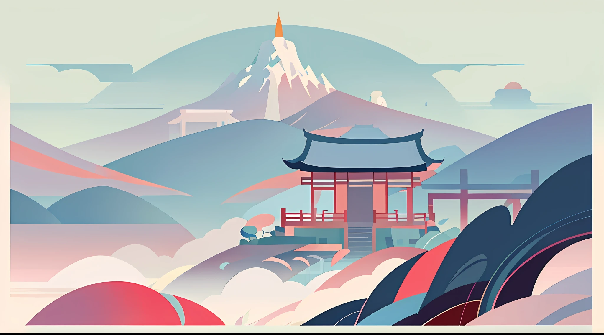 Chinese landscape）， abstract paintings， （Zen Buddhism， Amy Sol style）， （springtime， rainy days，  mountain ranges）， Simple vector art， Contemporary Chinese art， Gradient of color， Pastel color palette， Hierarchical form， Whimsical animation， The style is ethereal and abstract， 4K， --v6