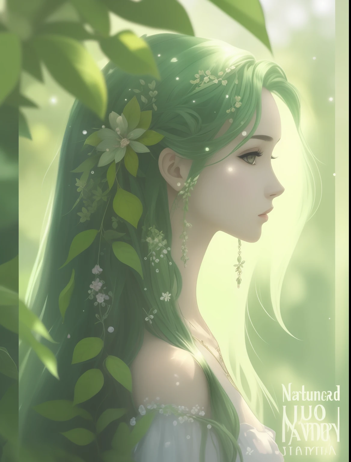 um close up de uma mulher com cabelos longos e folhas verdes, Deusa da Natureza, Deusa da Primavera, Deusa da Floresta, estilo de arte de fantasia, Arte no estilo de Guweiz, retrato bonito do anime, (((louco))) Princesa elfa, loish e wlop, Dryad elegante e bonita, bela arte de anime, fey queen of the summer forest, alma da floresta, obra-prima, melhor qualidade, (papel de parede CG unity 8k extremamente detalhado), (melhor qualidade), (best illustration), (melhor sombra), Absurdo, fantasia, mistic, mythological, flores, arte epica, Poses gloriosas, lindo brilho detalhado, brilho luminoso de fundo, detalhes insano
