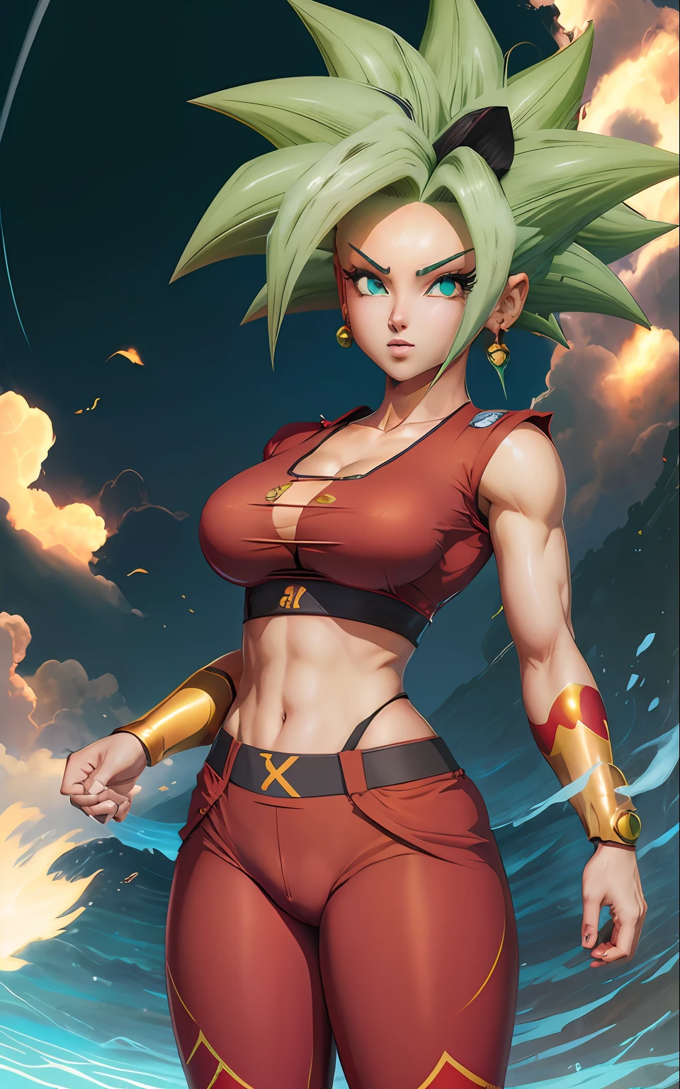 Estilo anime, kefla, linda, rosto detalhado, queixo definido, olhos detalhados, dedos perfeitos, perfect hands, em Tokyo, com sua roupa original, em super saiyan