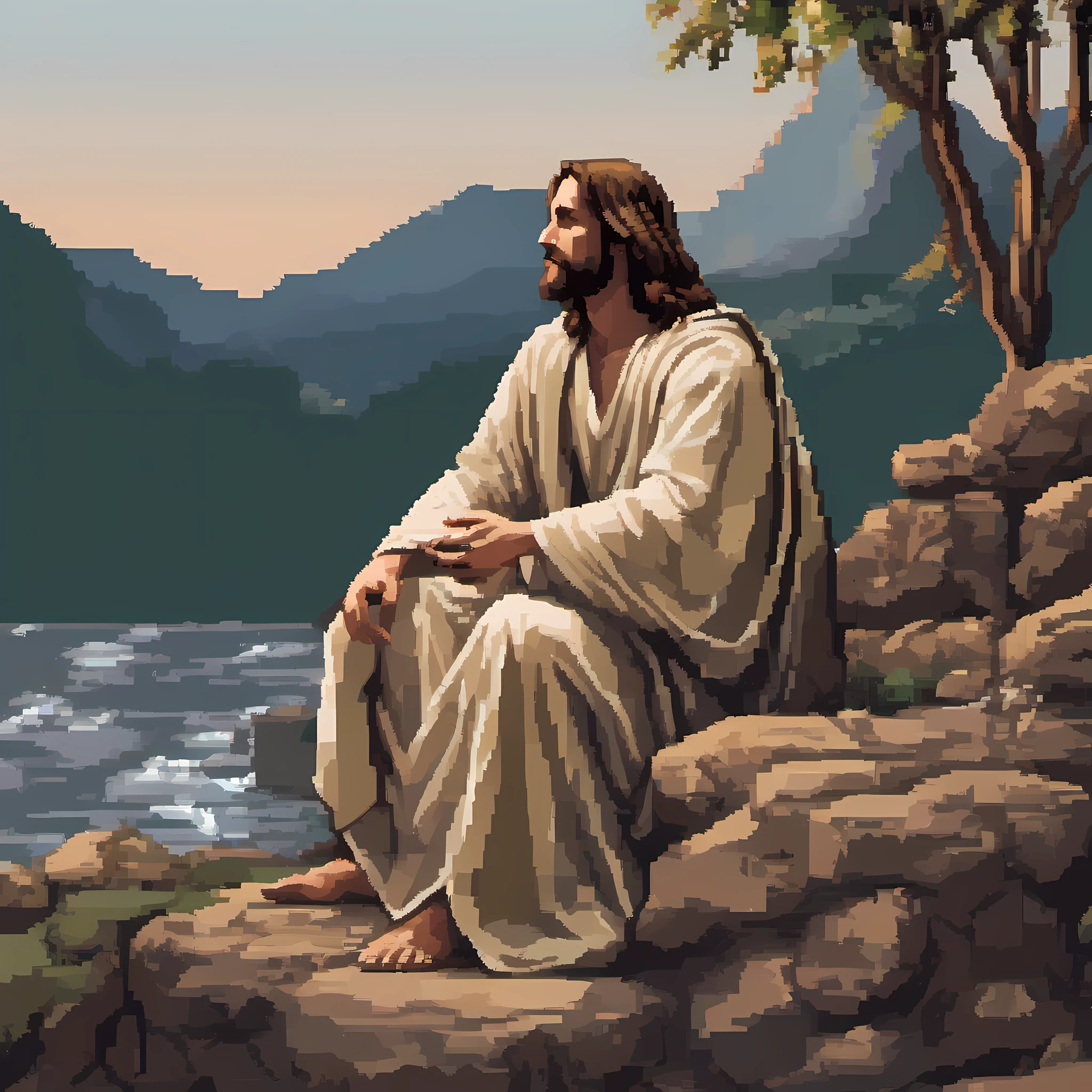 Jesus sitting on a rock Christian art, som, serene emotion,