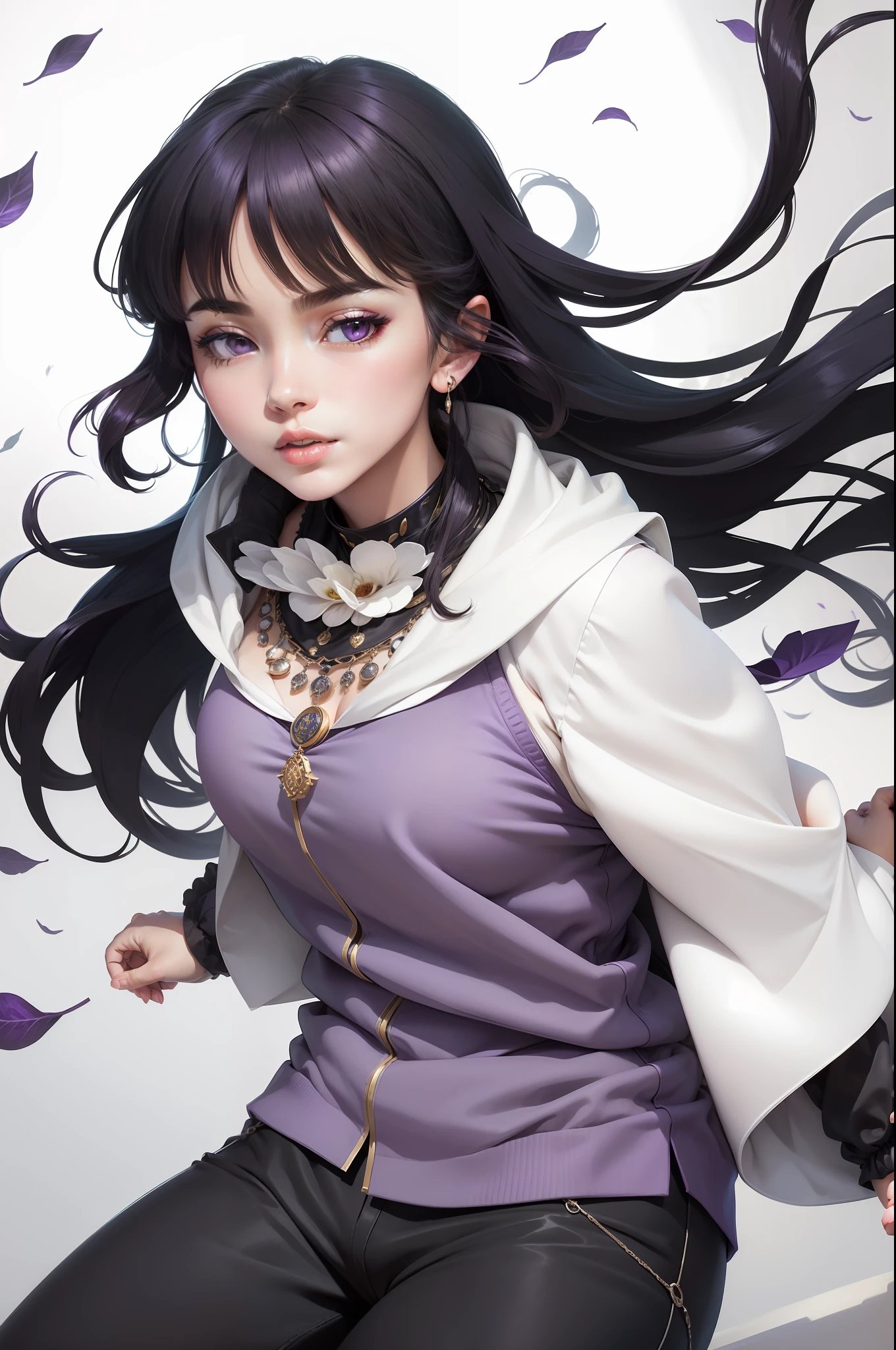 masterpiece, best quality, high resolution, fine detail, amazing and beautiful detail, different_images, 1 girl, purple white sleeveless jacket, from below, dark black hair, white-purple eyes, ( big boobs) , (lower chest), outer room, plants, black trousers, konoha village necklace
