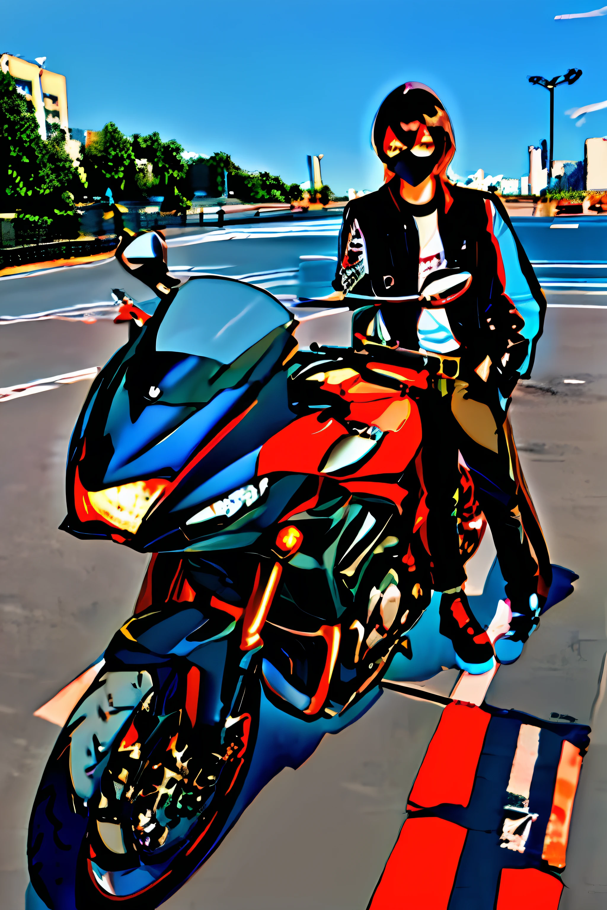 kawasaki GPZ900R Red-Black Color sea side motor bikes masterpiece, top-quality, 1male people, 独奏, jaket, hands on pockets, a school bag, A dark-haired, black eyes, cyberpunked, a street, makina, motor car, motor cycle, the panorama, Sunglasses masterpiece, top-quality, 1male people, 独奏, jaket, hands on pockets, a school bag, A dark-haired, black eyes, cyberpunked, a street, makina, motor car, motor cycle, the panorama, Lunette de soleil,