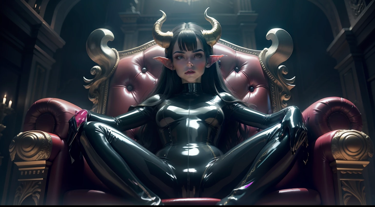 Horned Woman wearing a latex bodysuit sitting spread legs on a throne, dark atmosphere, cinematic