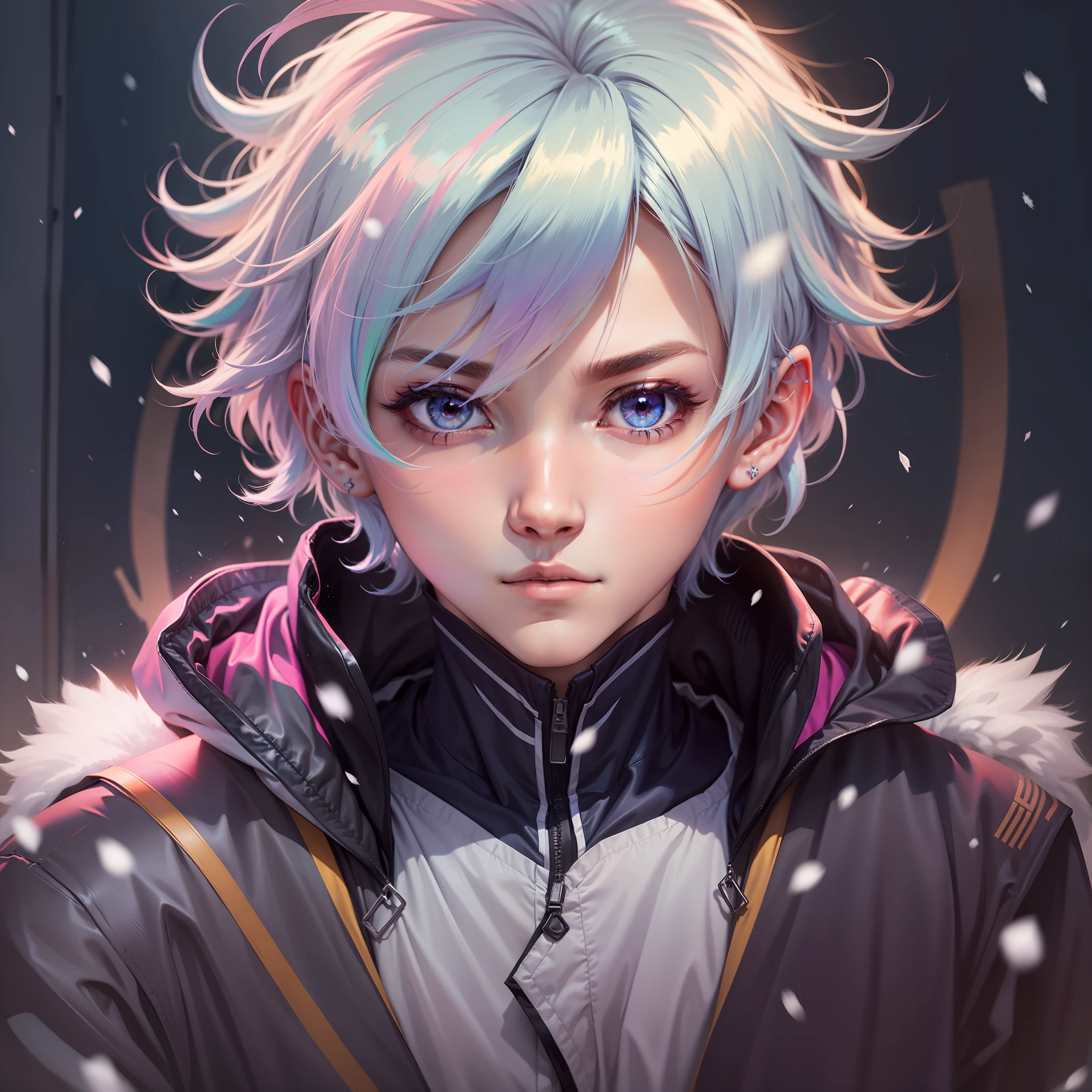 0.7>,anime boy,snow,(Male),jacket,diamond,multicolored hair, multicolored eyes