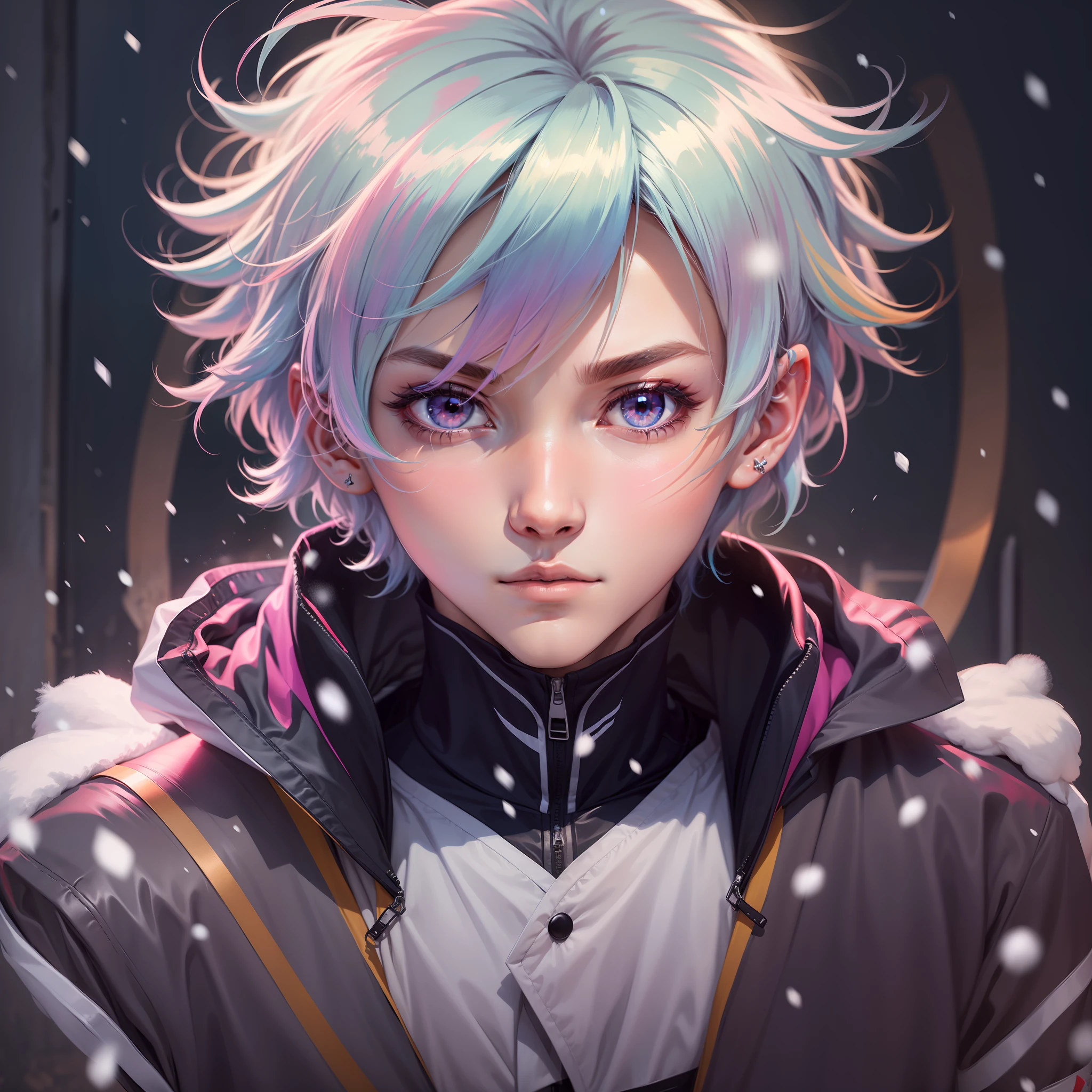 0.7>,anime boy,snow,(Male),jacket,diamond,multicolored hair, multicolored eyes