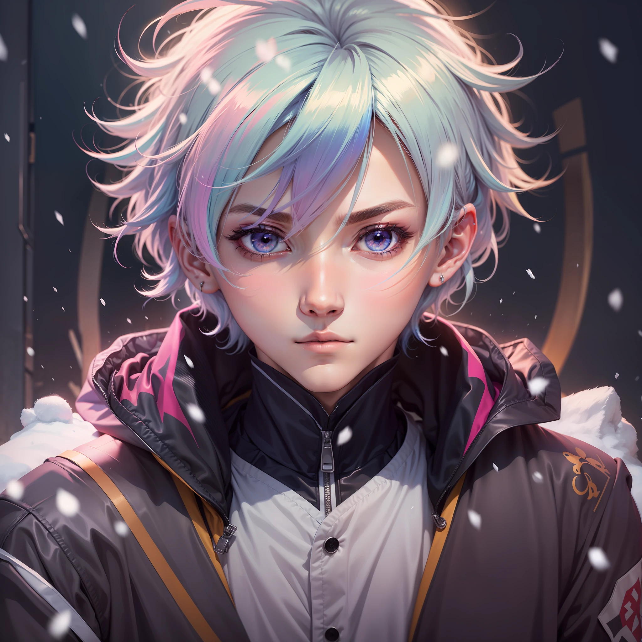 0.7>,anime boy,snow,(Male),jacket,diamond,multicolored hair, multicolored eyes