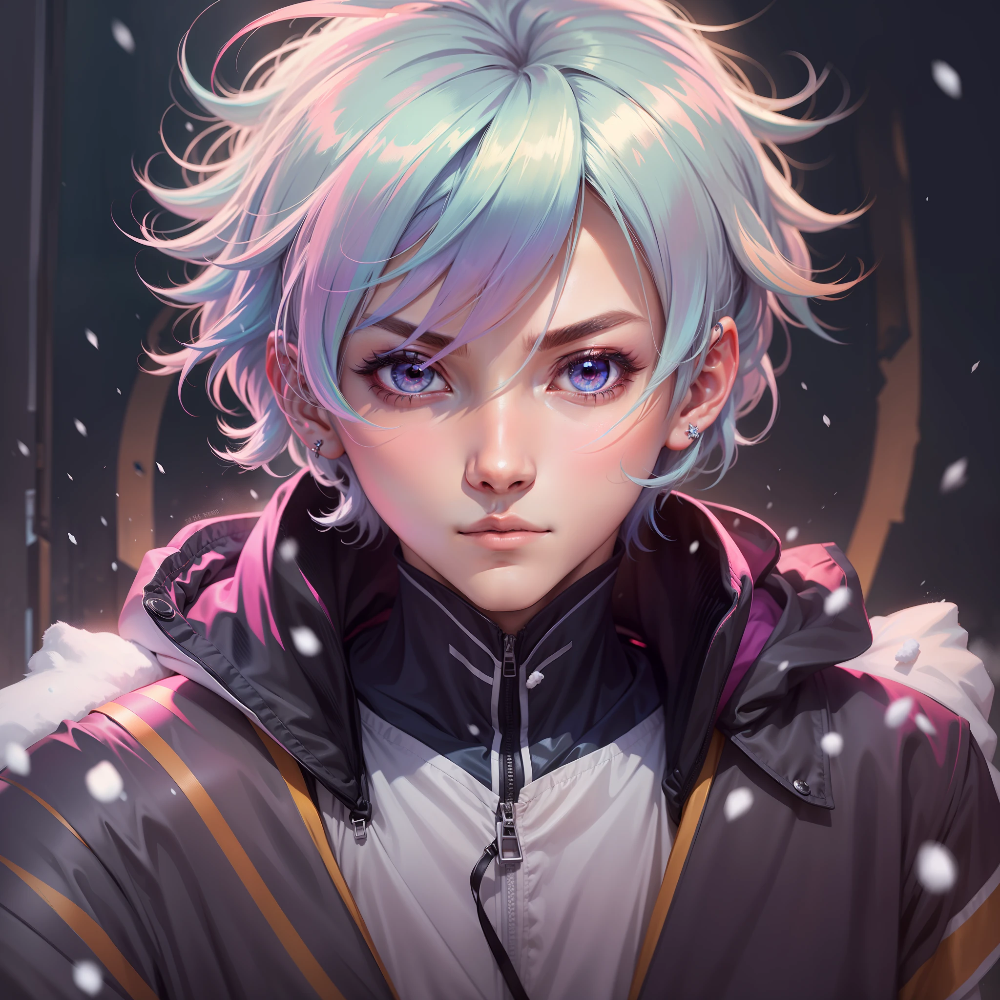 0.7>,anime boy,snow,(Male),jacket,diamond,multicolored hair, multicolored eyes