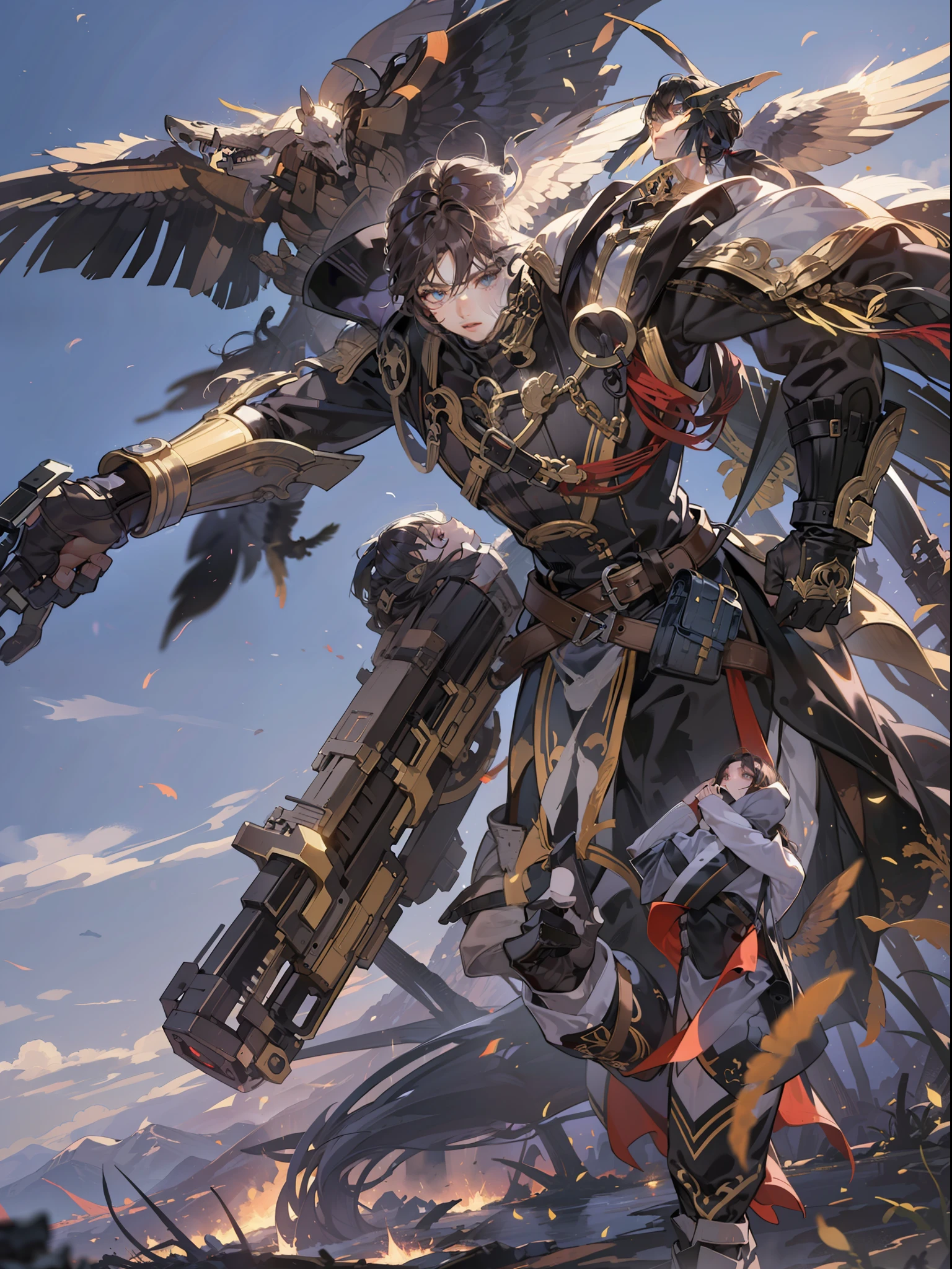 (masterpiece, top quality: 1.3), highly detailed, complex, 8k, HDR, wallpaper, movie lighting, shining, armor, shining eyes, mech, realistic, mech, big wings, holding the sky, flight, weapon,