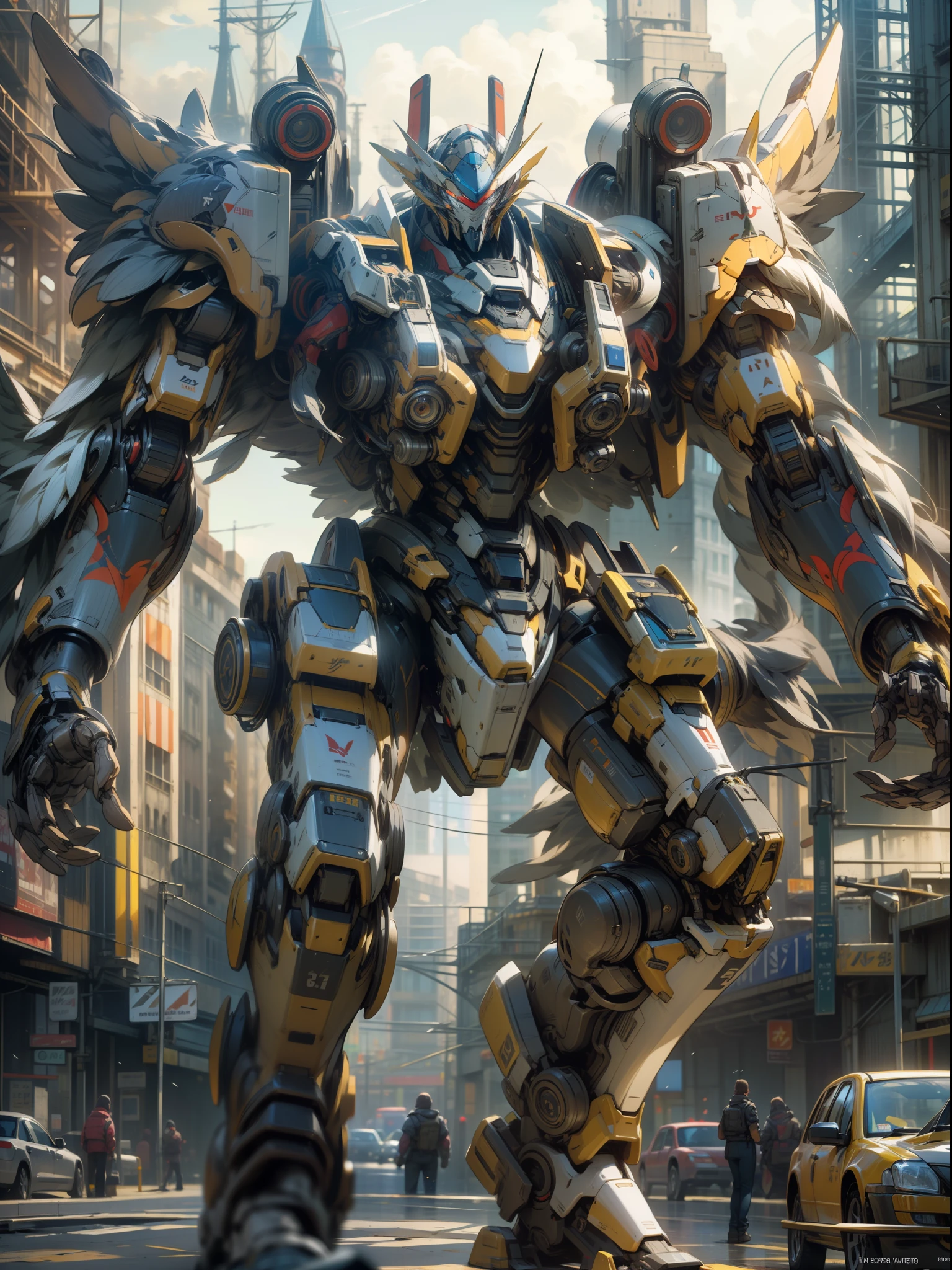 (masterpiece, top quality: 1.3), highly detailed, complex, 8k, HDR, wallpaper, movie lighting, shining, armor, shining eyes, mech, realistic, mech, big wings, holding the sky, flight, weapon,