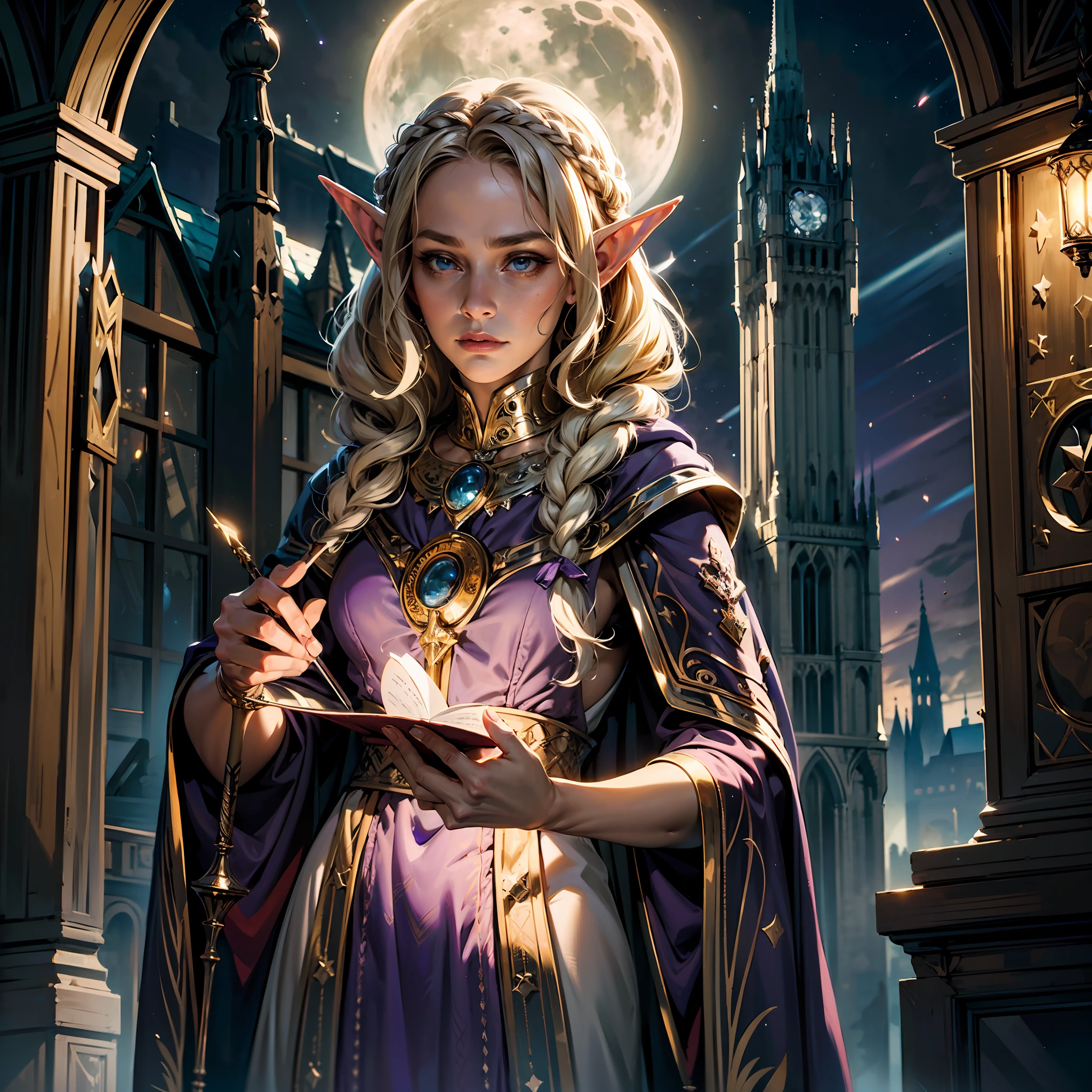 8k, ultra detailed, masterpiece, best quality, (extremely detailed), dynamic angle, anatomically correct, an ultra wide angle picture of a female elf wizard in front of a magical tower (1.5 intricate details, Masterpiece, best quality), female elf (1.5 intricate details, Masterpiece, best quality), beautiful elf, RPG elf (1.5 intricate details, Masterpiece, best quality), holding a magic staff, ((magical lights and patterns)) surrounding the wizard (1.5 intricate details, Masterpiece, best quality), small pointed ears, blond hair, braided hair, magical tower ( 1.5, intense details, masterpiece), flowing robe, (purple) robe with stars on it, (1.5 intricate details, Masterpiece, best quality). moon rays, stars, moon light, night time,