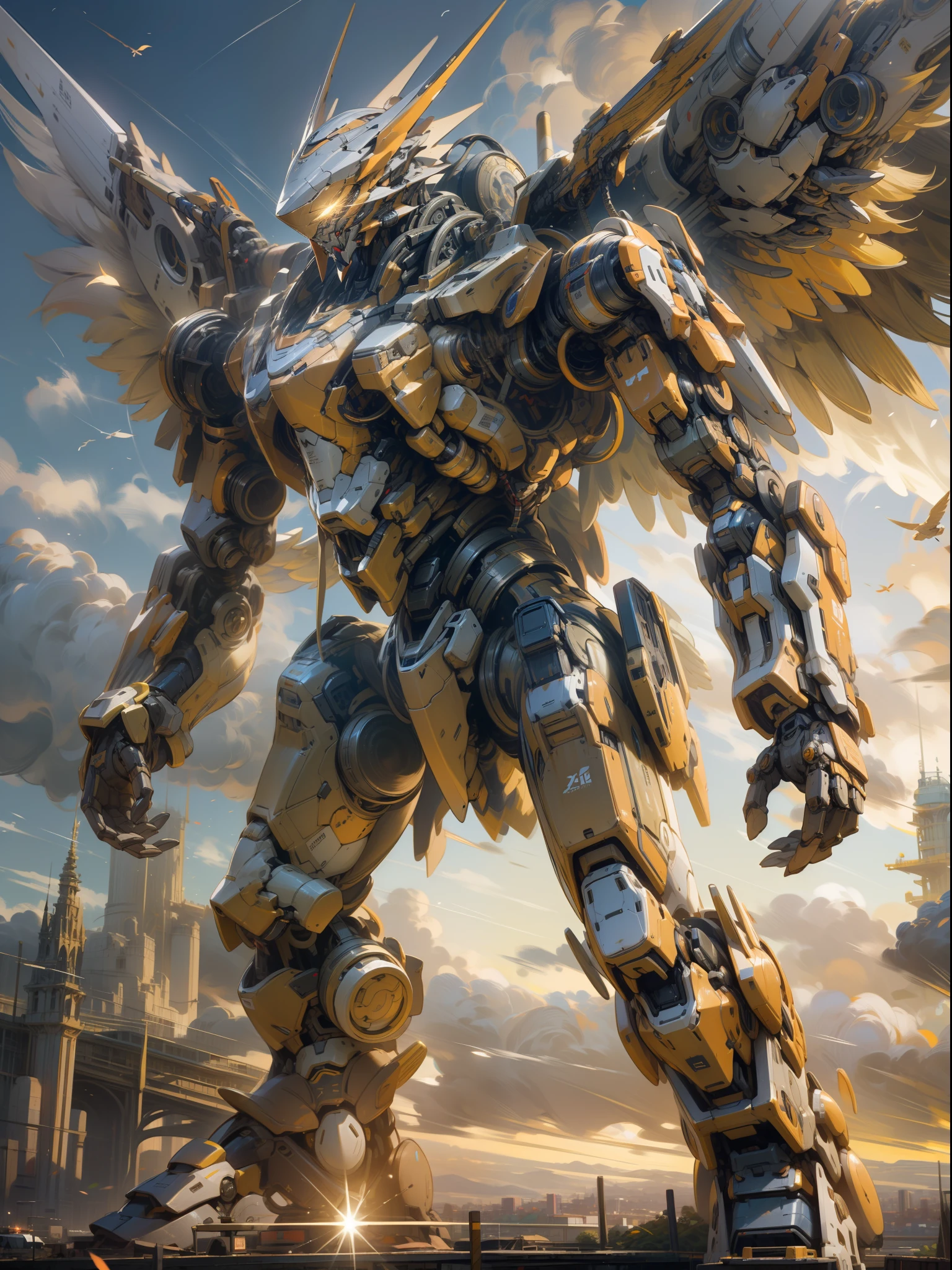 (masterpiece, top quality: 1.3), highly detailed, complex, 8k, HDR, wallpaper, movie lighting, shining, armor, shining eyes, mech, realistic, mech, big wings, holding the sky, flight, weapon,
