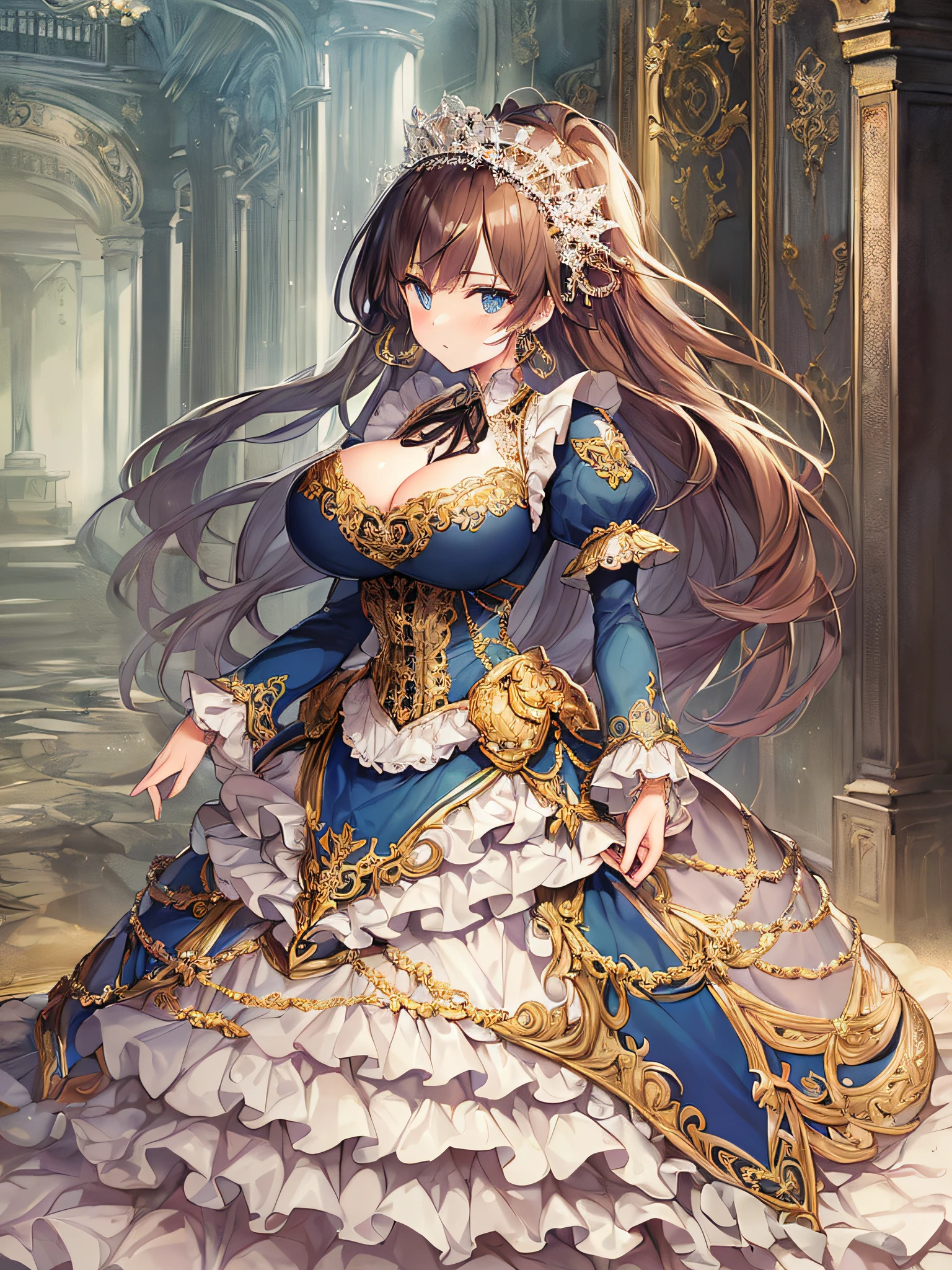 ((anime artstyle)),(Masterpiece),(Best Quality), (Super Detail),((Very Delicate and Beautiful)),((Solo)),((full body)),((1 princess in gorgeousfull victorian dress)),many ruffles,detailed face and eyes,jewel-like eyes,((voluminous Very Long Straight Hair)),((gorgeousfull embroidery and lace)),gorgeous corsage,See-through,gorgeousfull hair ornament,gorgeousfull glitter jeweled tiara,ornate ruffles,((gigantic breasts,Long breasts)),skindentation,((full body)),((hoop skirt,crinoline)),standing pose,Dynamic Angle,Looking at viewer,royal victorian palace,(((gorgeous embroidery gorgeousfull victorian dress)),full body